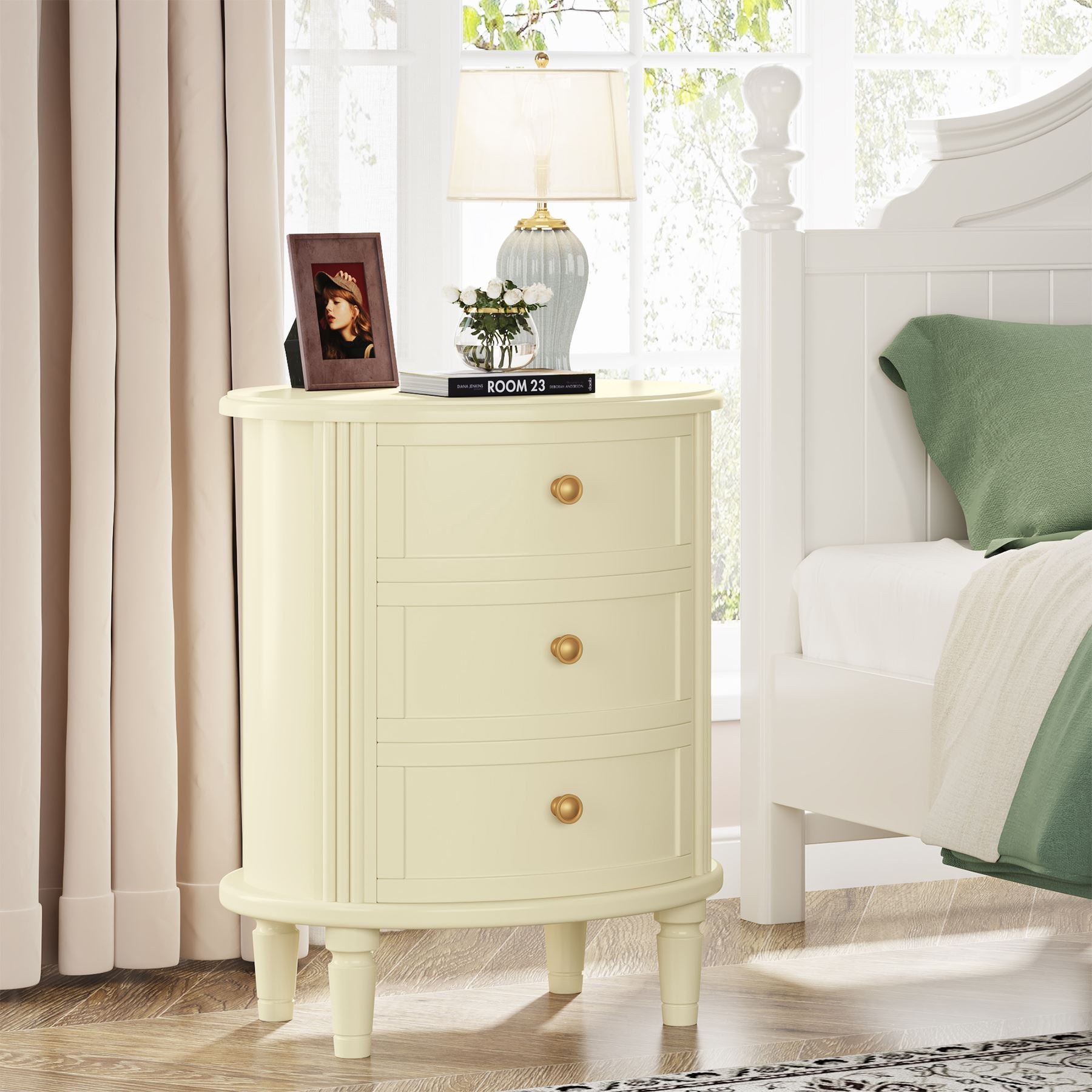 Solid Wood Nightstand with 3 Drawers - Sturdy Bedside Table with Wooden Legs for Bedroom, Living Room or Office Storage