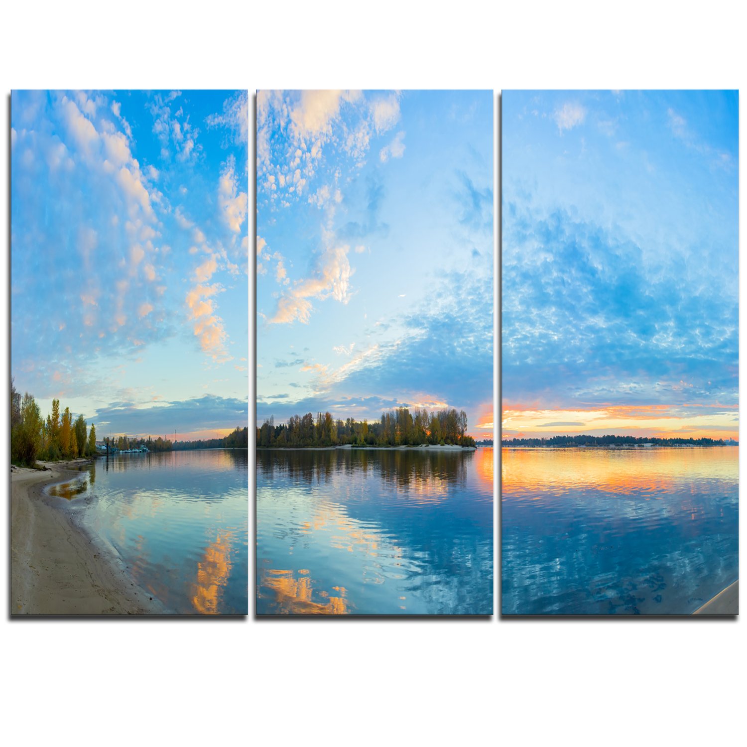 Exotic Sunrise on River Autumn Oversized Beach Metal Wall Art Set - 3 Piece Blue Wall Decor (28'' H x 36'' W x 1'' D) for Living Room, Bedroom & Office - Modern Home & Coastal Decor