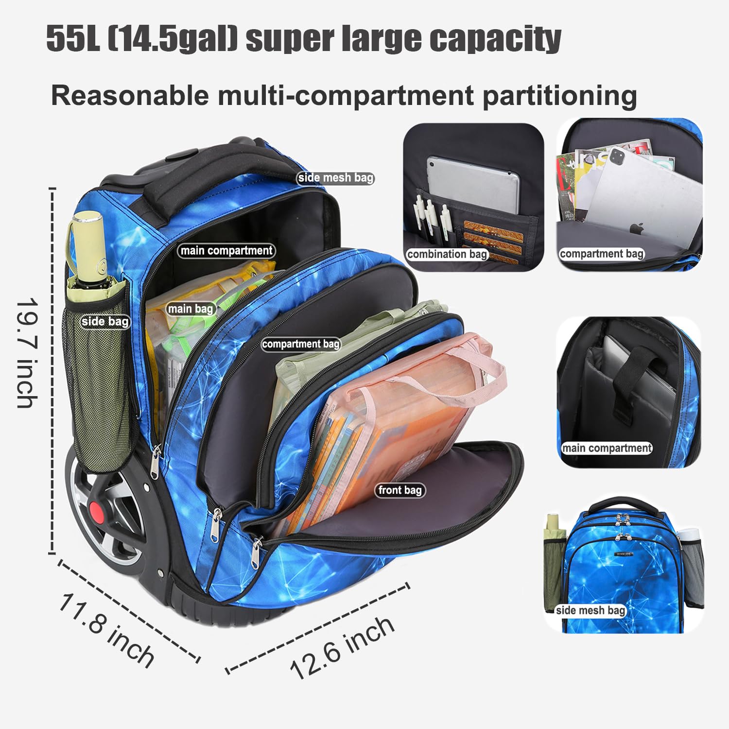 55L Rolling Backpack with Wheels - Waterproof Business Backpack with Silent Large Wheels & Dual Handles - 22 Inch Carry On Backpack with Laptop Compartment (Black) - Perfect for Business Travel, Commuting & College Students