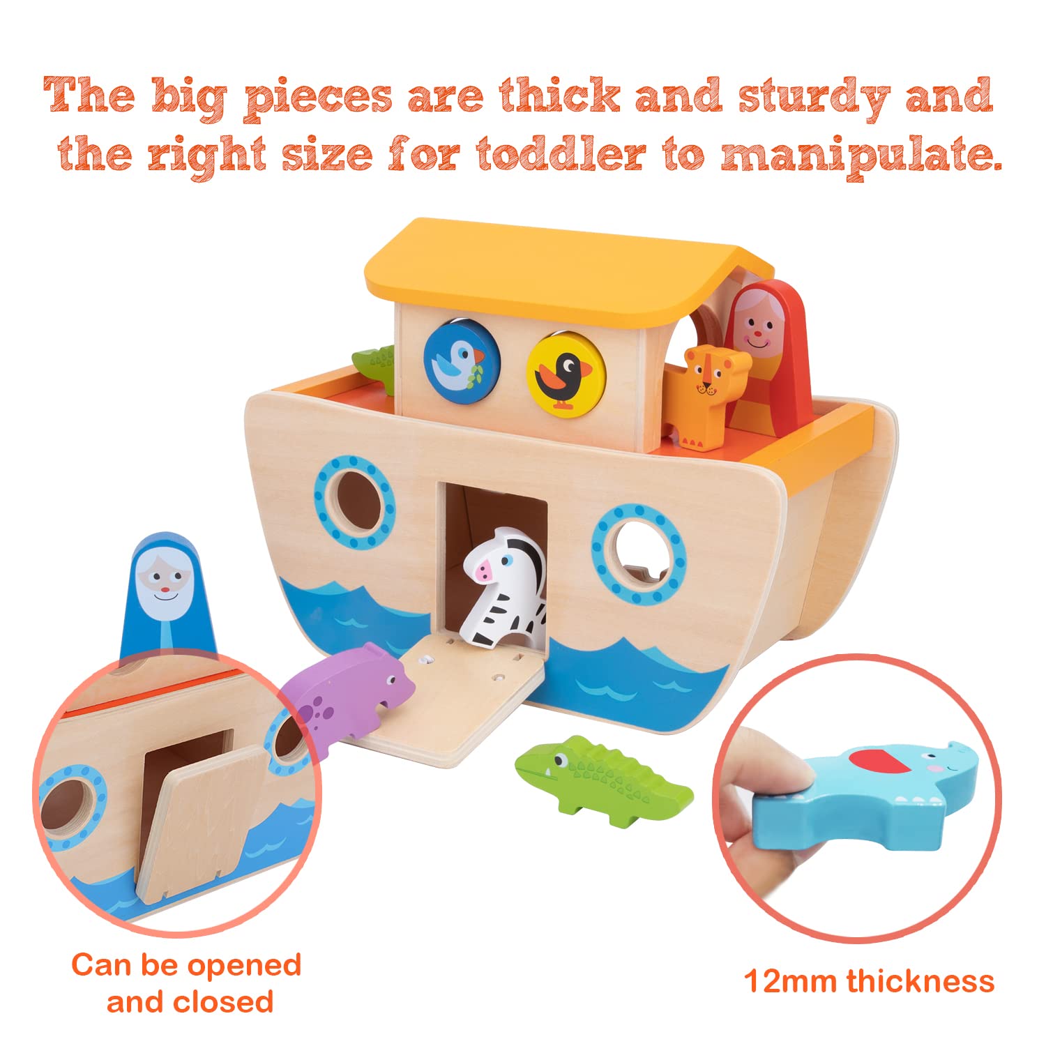TOOKYLAND Wooden Noah's Ark Animal Shape Sorter Toy - Bible Story Educational Montessori Toy for Toddlers Ages 2-4 - Perfect Baptism Gift for Boys & Girls - Great for Sunday School, Homeschool & Early Learning Playtime