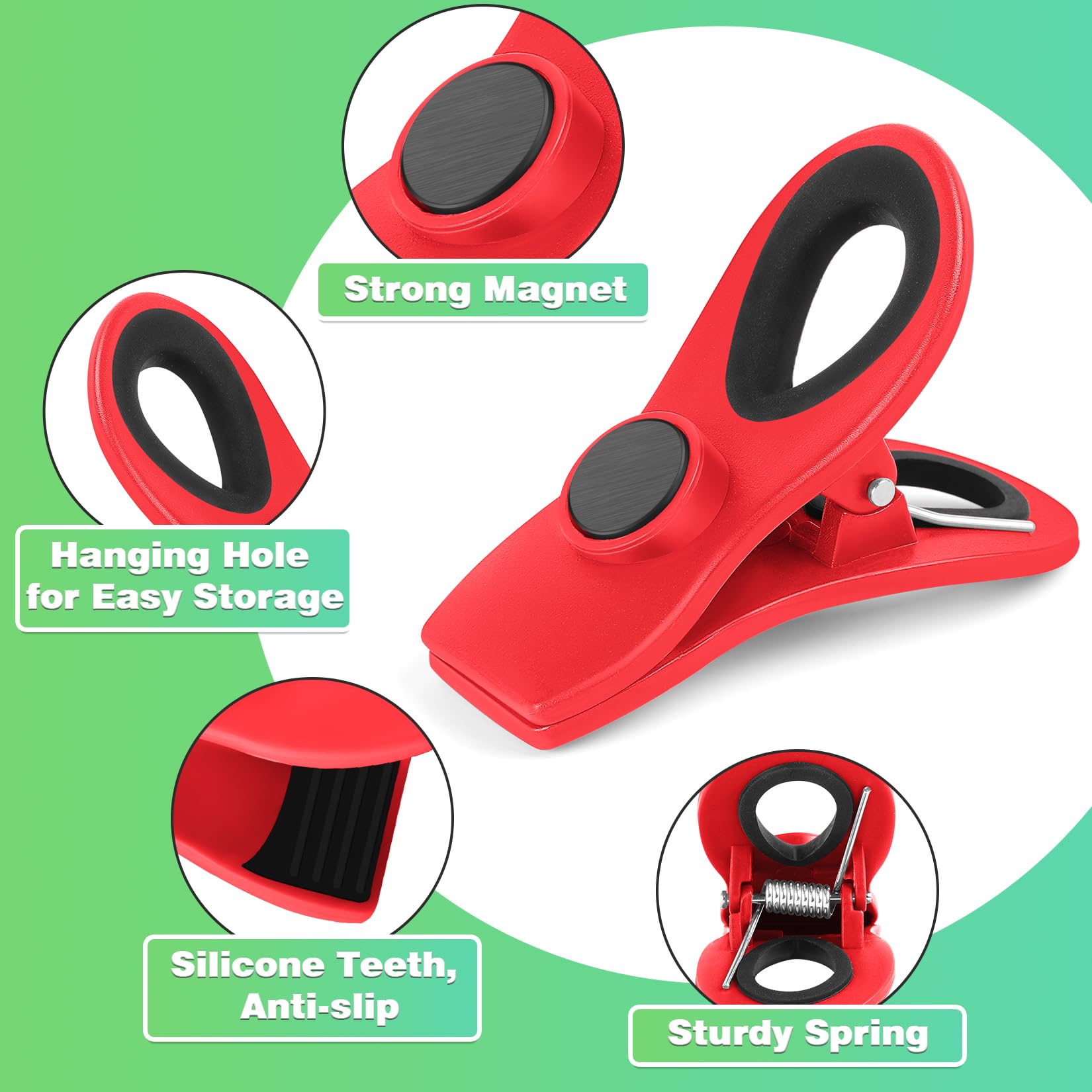 12 Pack Magnetic Food Bag Clips for Kitchen & Refrigerator - Strong Plastic Storage Clips for Chips, Snacks & Sealed Packages (Red) - Perfect for Pantry Organization & Food Freshness
