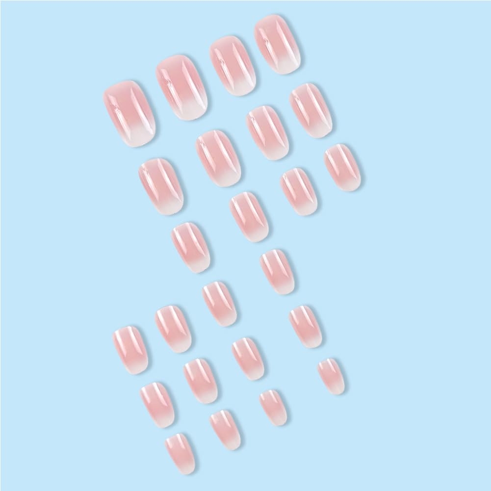 24Pcs Almond Press on Nails - Short Round White Ombre Fake Nails with Elegant Designs | Acrylic Stick on Artificial Nails for Women & Girls | Perfect for Parties, Weddings & Daily Wear