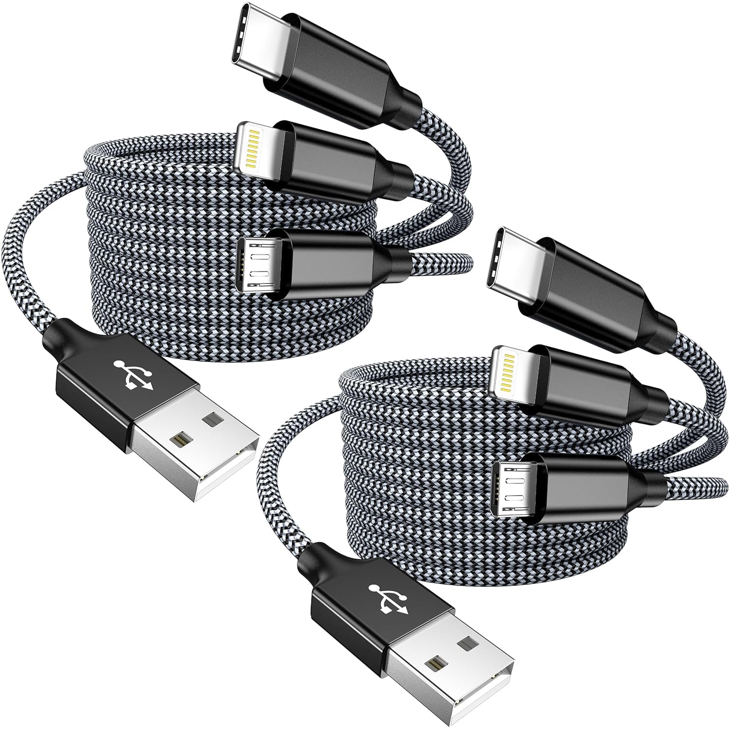 4ft 2-Pack MFi Certified 3-in-1 Nylon Braided Charging Cable - Fast Charging USB C/Lightning/Micro USB Cable for iPhone, iPad, Tablet | Perfect for Home, Office & Travel Charging