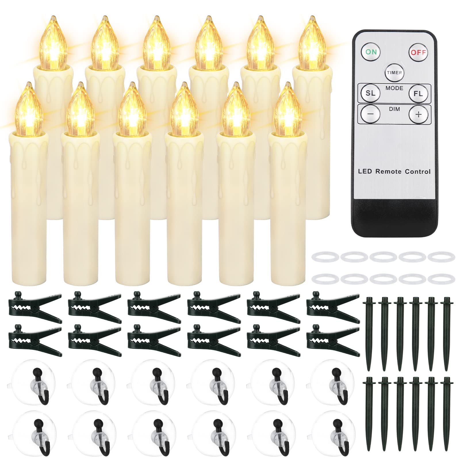 12 Pack Flameless LED Taper Candles with Timer & Remote - Battery Operated Flickering Window Candles with Clips & Suction Cups - Perfect for Christmas Tree, Home, Garden, Holiday, Wedding & Party Decorations