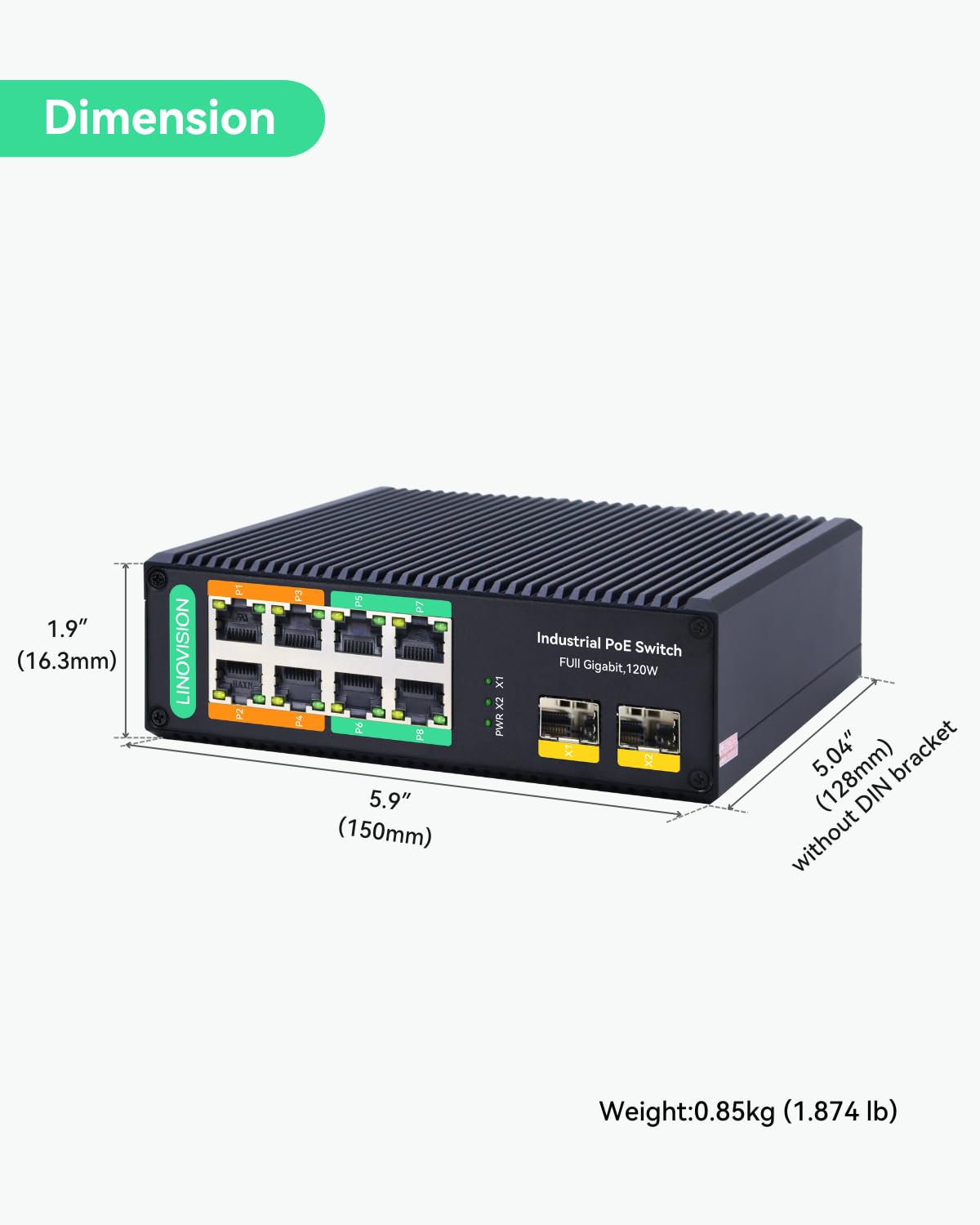 LINOVISION Industrial 8-Port Gigabit POE++ Switch with 4x 90W BT PoE Ports, 2x SFP Uplinks, 120W Budget - DIN Rail Mount for PTZ Cameras, IP Surveillance, POE Lighting & Network Devices | Ideal for Security Systems, Smart Offices & Industrial Automation