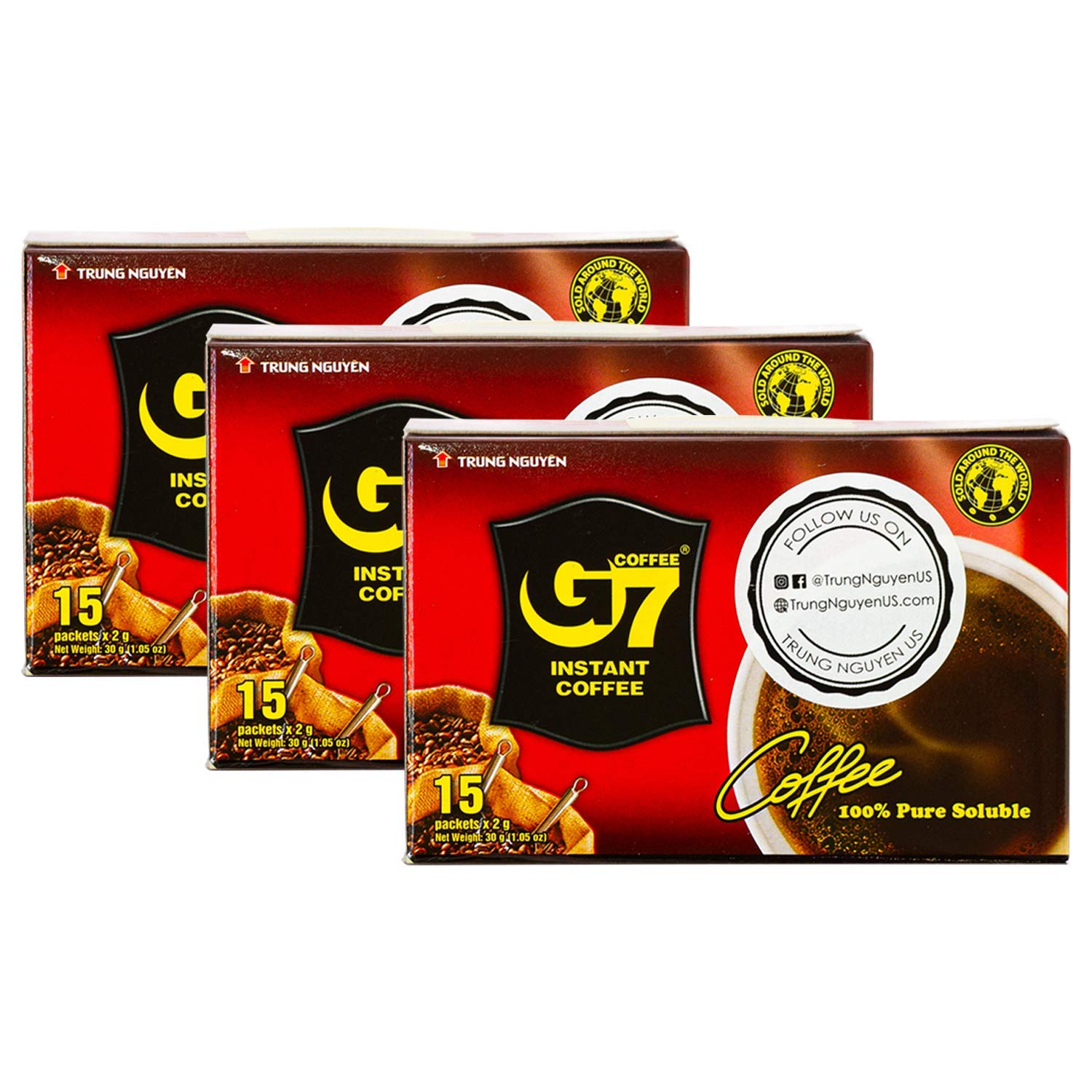 Trung Nguyen G7 Instant Coffee - 100% Pure Black Soluble Vietnamese Coffee, Strong & Bold Flavor (15 Packets/Box, 3 Pack) - Perfect for Office, Travel & Home Brewing