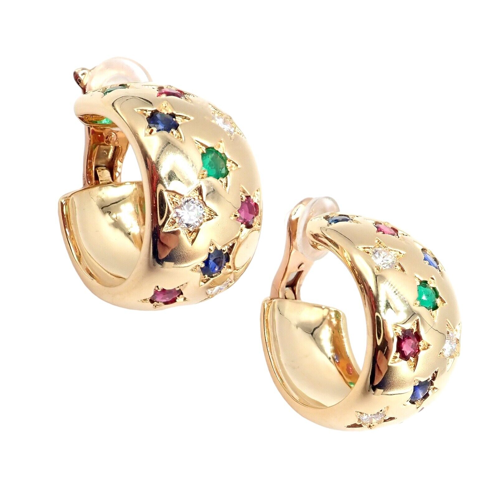 Authentic Cartier Star 18K Gold Hoop Earrings with Diamonds, Rubies, Emeralds & Sapphires | Luxury Jewelry for Women | Perfect for Weddings, Parties & Special Occasions