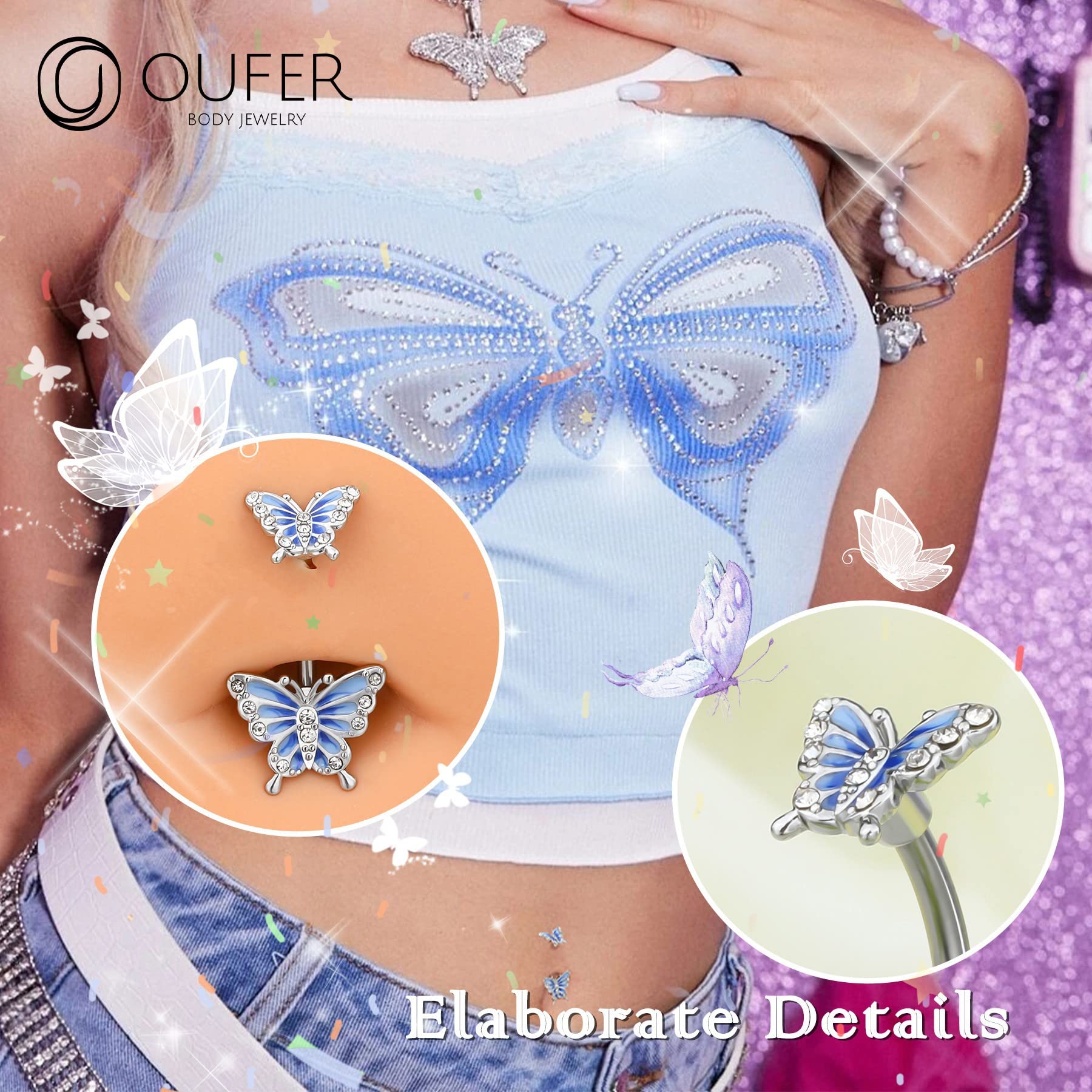 OUFER 14G Surgical Steel Belly Button Ring - Blue Butterfly CZ Navel Piercing Jewelry, 10mm Silver Barbell for Women, Perfect Gift for Piercing Lovers | Ideal for Everyday Wear, Parties, and Special Occasions