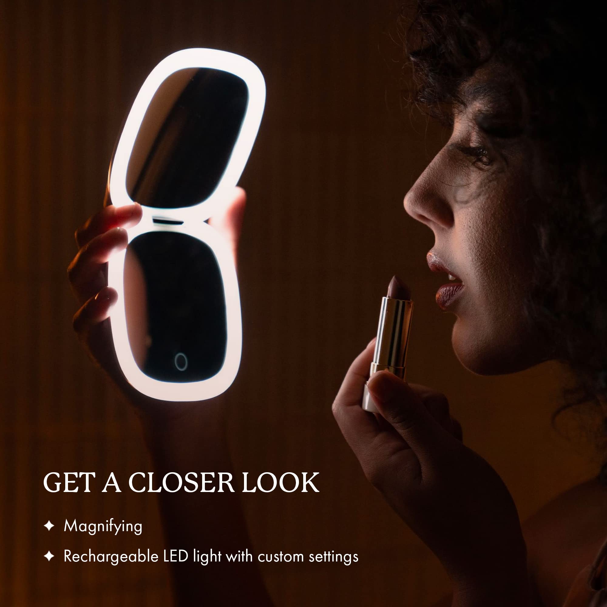 Vanity Planet Pocket Makeup Mirror with LED Lights & 10X Magnification - Portable Rechargeable Travel Mirror for Makeup, Skincare & Eyebrow Grooming - Compact Adjustable Lighted Mirror for Home, Office & On-The-Go Use - Black