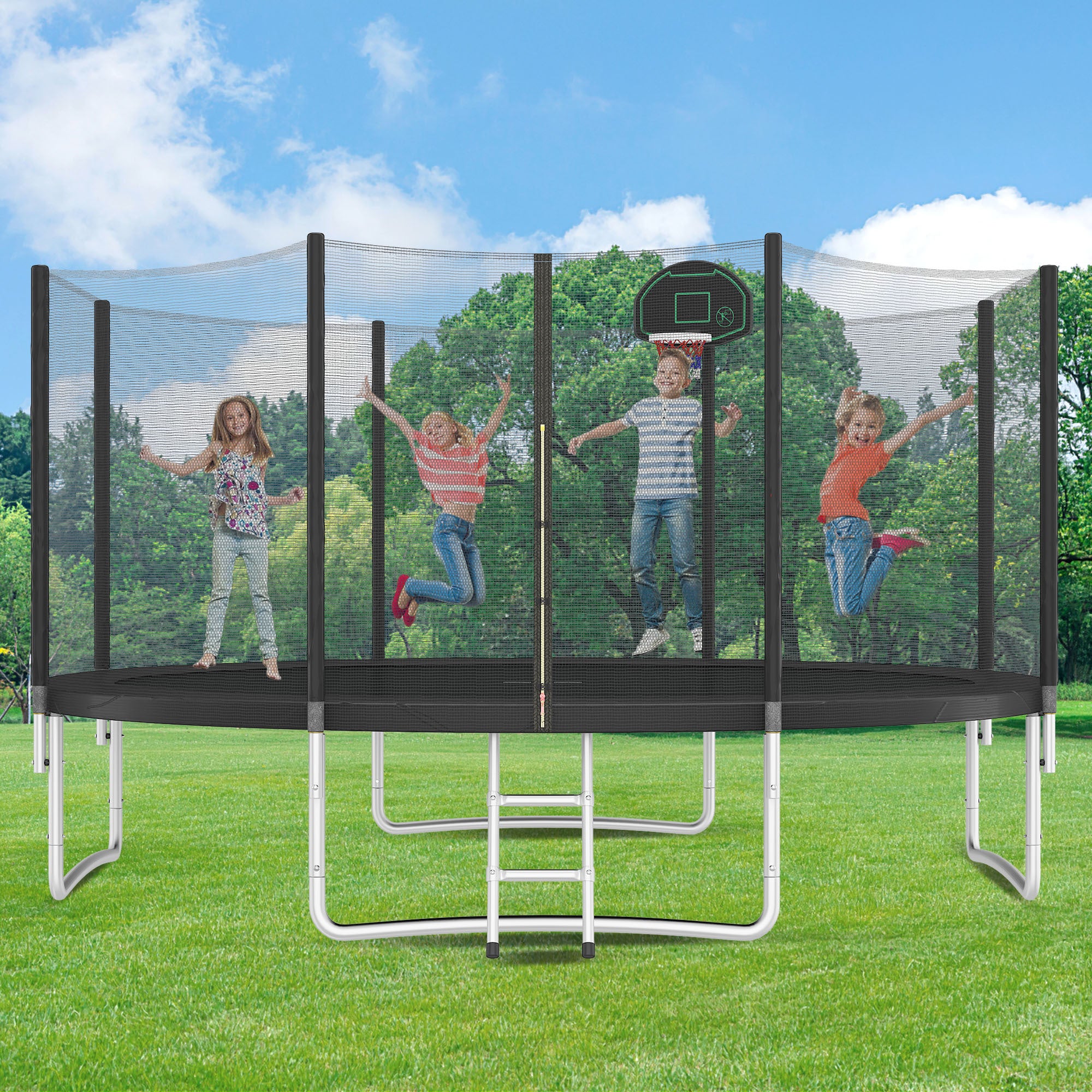 14FT Kids Trampoline with Safety Enclosure Net, Basketball Hoop & Ladder - Easy Assembly Outdoor Round Trampoline for Backyard Fun & Exercise