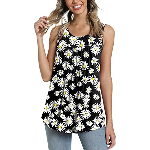 Women's Floral Print Sleeveless Camisole Tank Top - Loose Fit Pleated Tunic Vest for Summer - White XL | Beach Cover-Up, Casual Outing, Vacation Wear