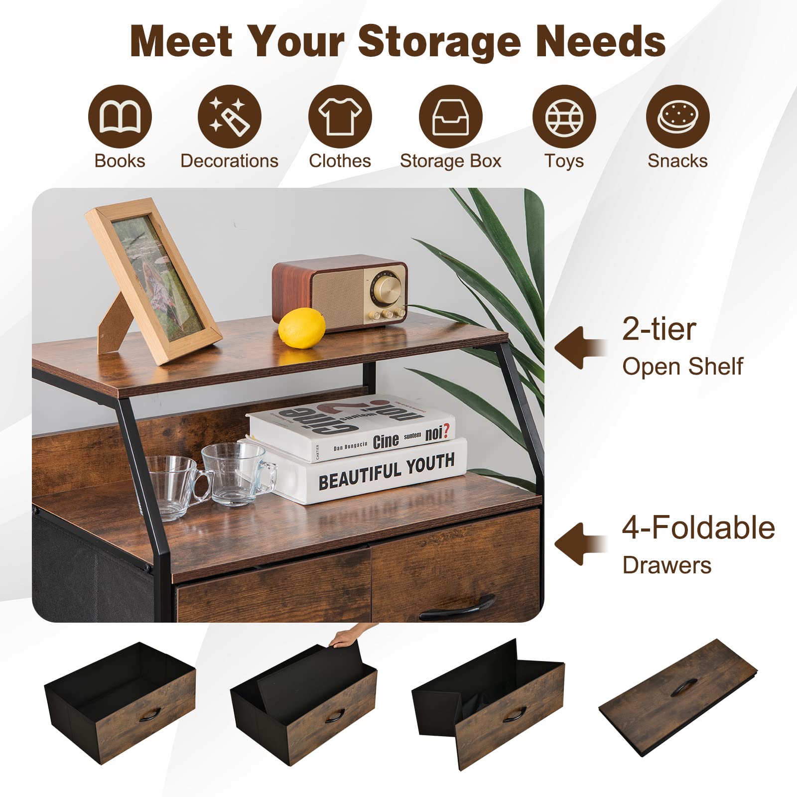 Giantex 4-Drawer Dresser Set of 2, Tall Storage Tower with 4 Foldable Fabric Drawers & Open Shelves, Solid Wood Top & Sturdy Metal Frame, Anti-Tip Design for Safety - Perfect for Bedroom, Hallway, Closet Organization & Small Space Storage Solutions
