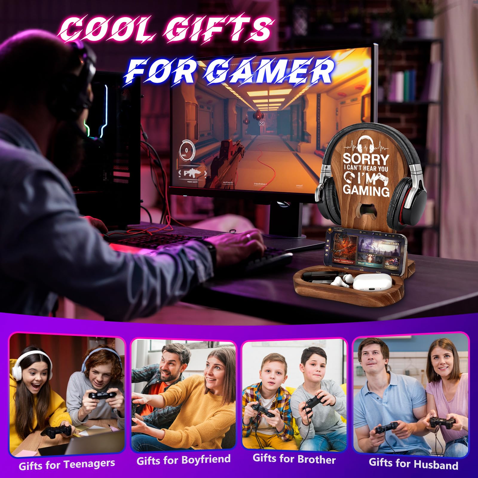 Premium Wooden Gaming Headset Stand - Perfect Gamer Gift for Teen Boys, Men, Boyfriends & Husbands - Gaming Room Decor & Headphone Holder - Ideal for PC, PS5, Xbox Setup - 'Sorry I Can't Hear You I'm Gaming' Funny Gift