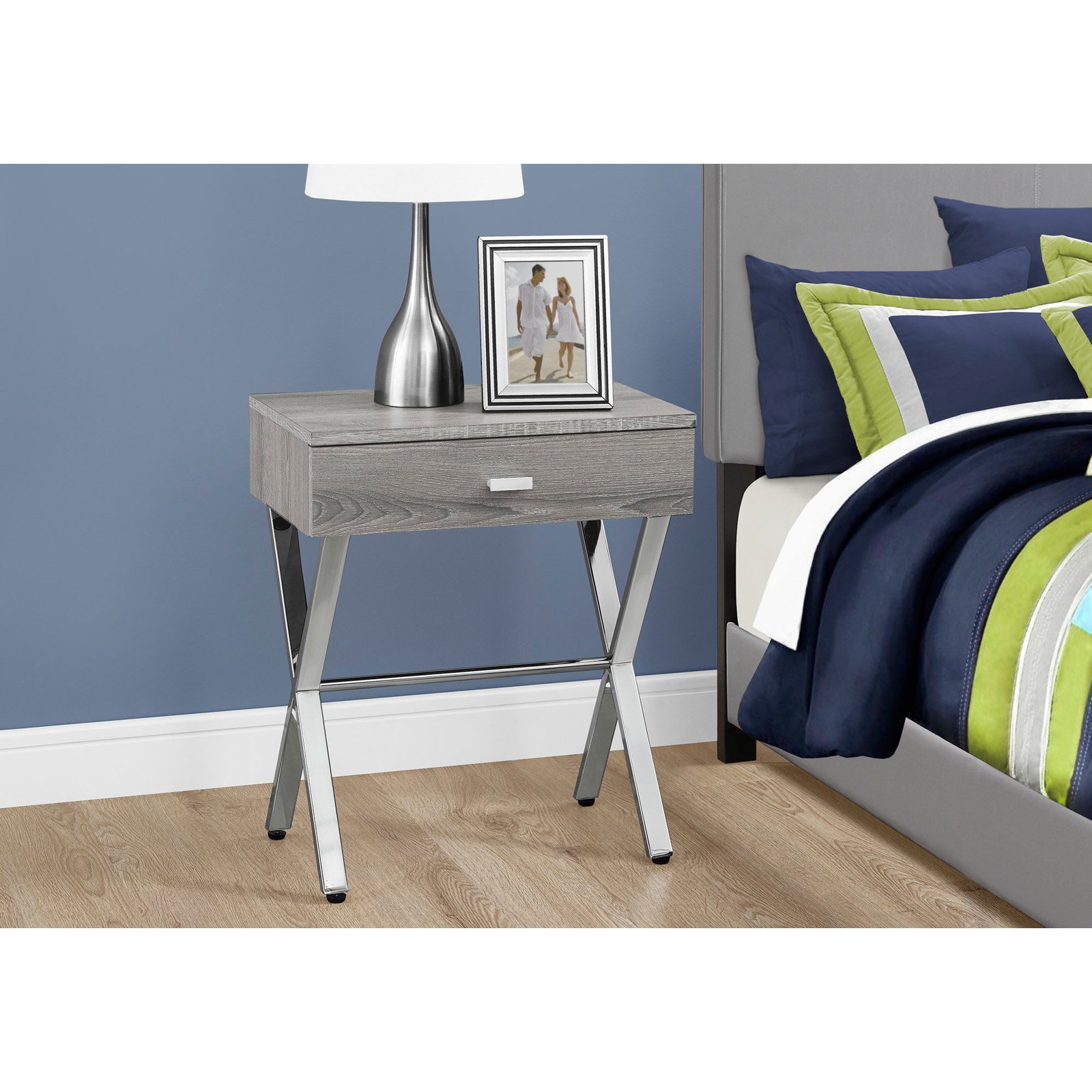 Monarch Specialties Chrome Metal Nightstand Accent Table - 22 x 12 x 18 Inches Glossy White End Table for Bedroom, Living Room & Office