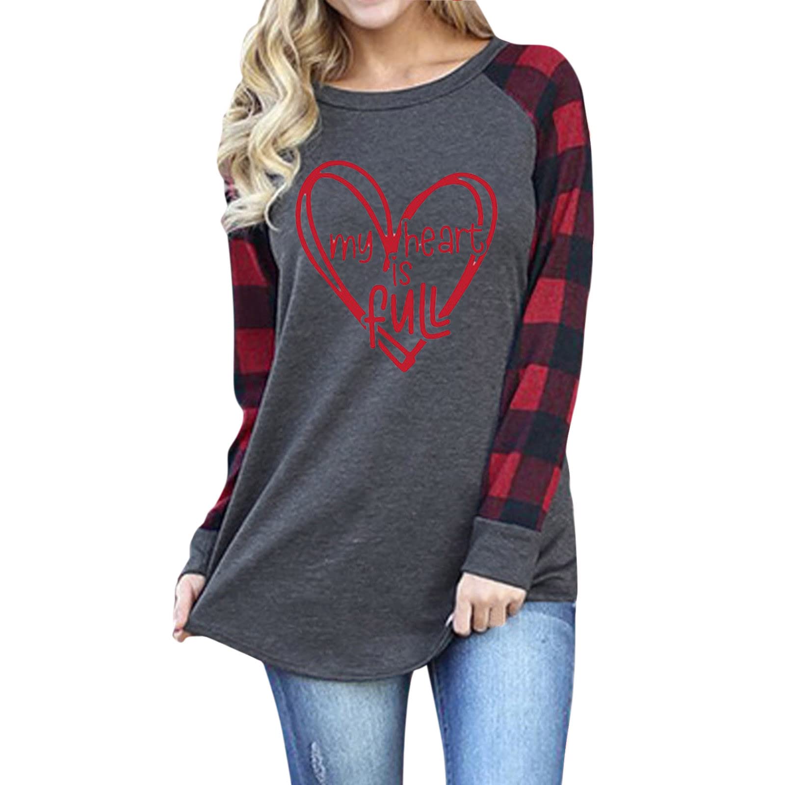 Women's Plaid Stitching Love Print Round Neck Long Sleeve T-Shirt - Casual Fall Fashion Top for Work, Dating & Everyday Wear