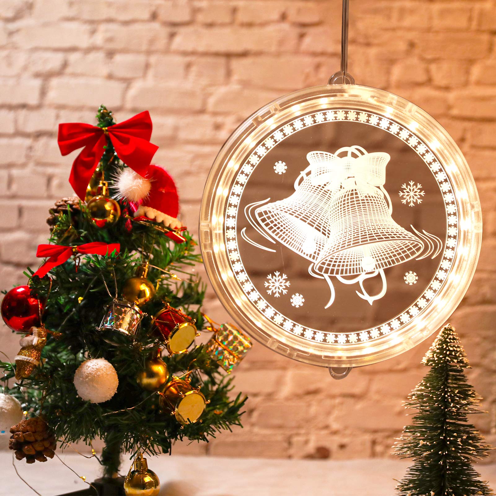 3D Christmas Hanging Lights with Bells Pattern - Warm White Indoor Decorative Lights | Unique Suction Cup Design for Wall, Window, Pathway, Corridor & Home Decor | Perfect for Holiday Parties, Living Room Accent & Festive Atmosphere