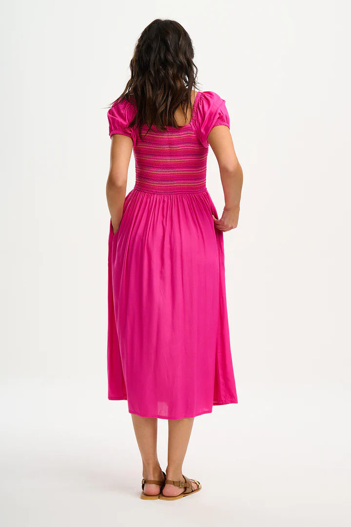 Octavia Midi Shirred Dress - Dark Pink Rainbow Shirring | Flowy Summer Dress for Women | Perfect for Beach Vacations, Date Nights & Brunch Outings