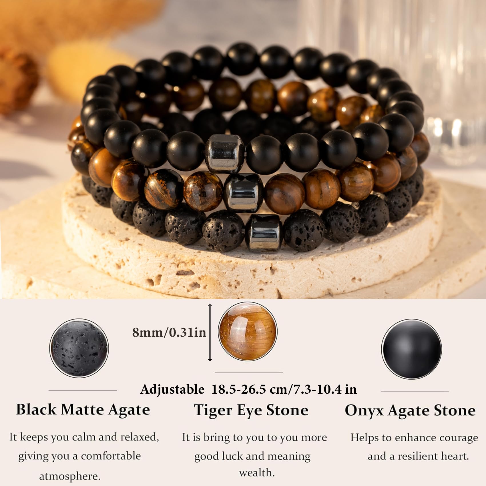 MOROTOLE Men's Beaded Bracelet Set - 8MM Natural Tiger Eye Stone & Lava Rock Stretch Bracelet with Black Crystal Beads - Adjustable for Wrist Sizes - Perfect Gift for Men, Father, Boyfriend, Brother - Ideal for Casual Wear, Office, and Outdoor Adventures