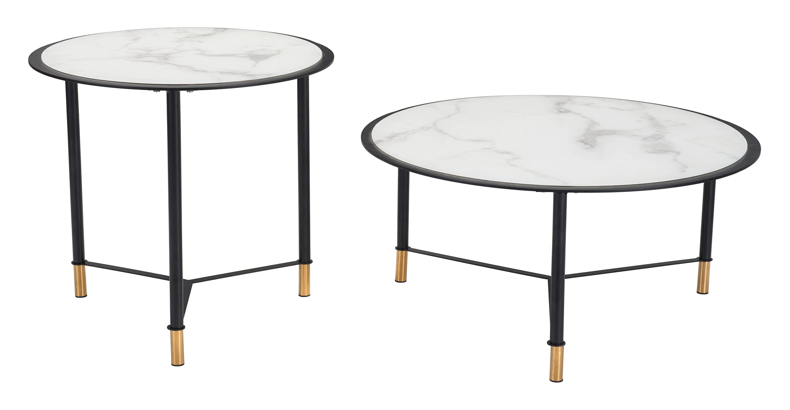 Modern Zuo Davis Coffee Table Set of 2 - Black & White Glass Top End Tables for Living Room, Lounge & Office Decor
