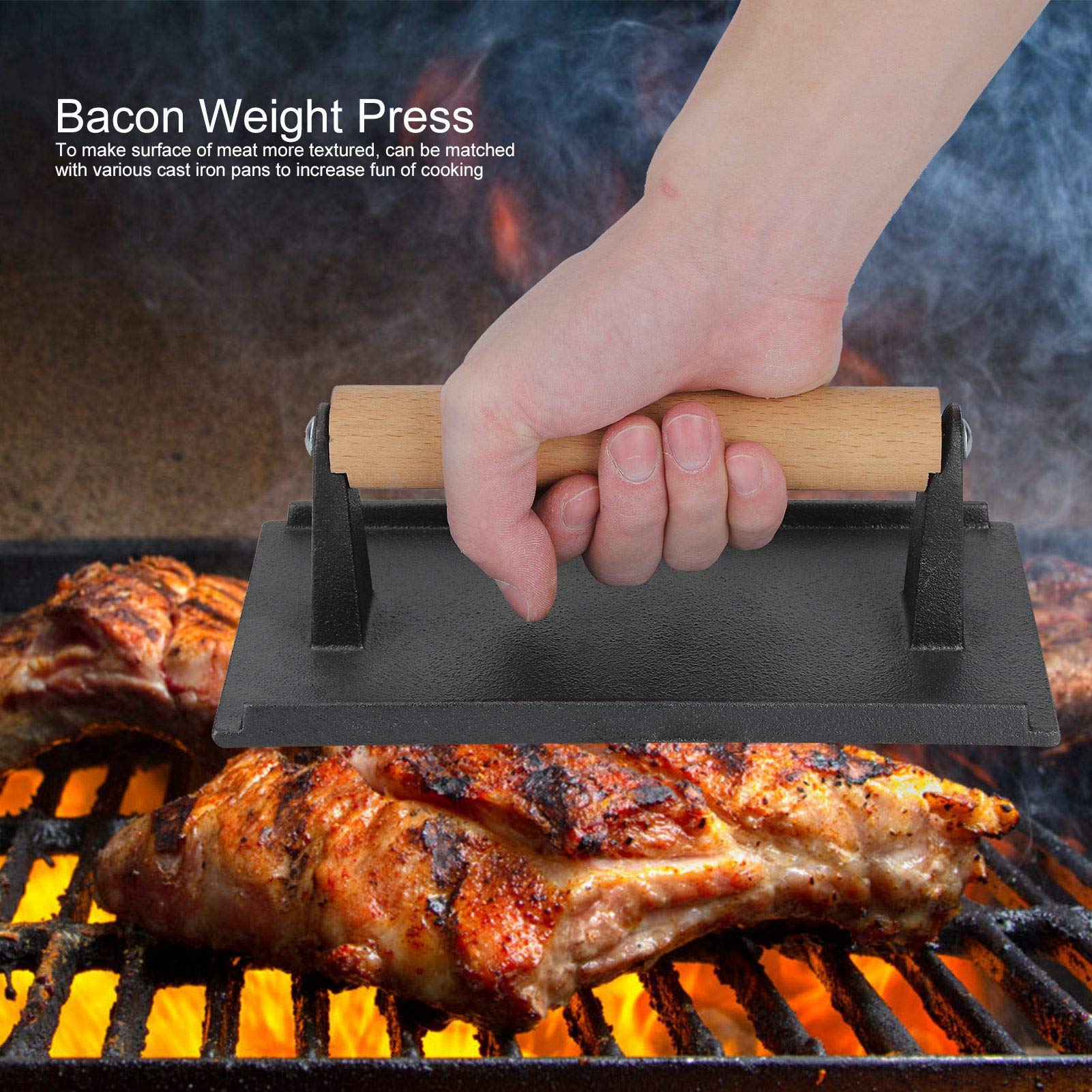 Heavy Duty Cast Iron Bacon Press & Grill Weight - 8.3 x 4.1 x 3.0 Inch with Wooden Handle for Burgers, Steaks, Paninis - Perfect for BBQ, Griddle Cooking, and Restaurant Use