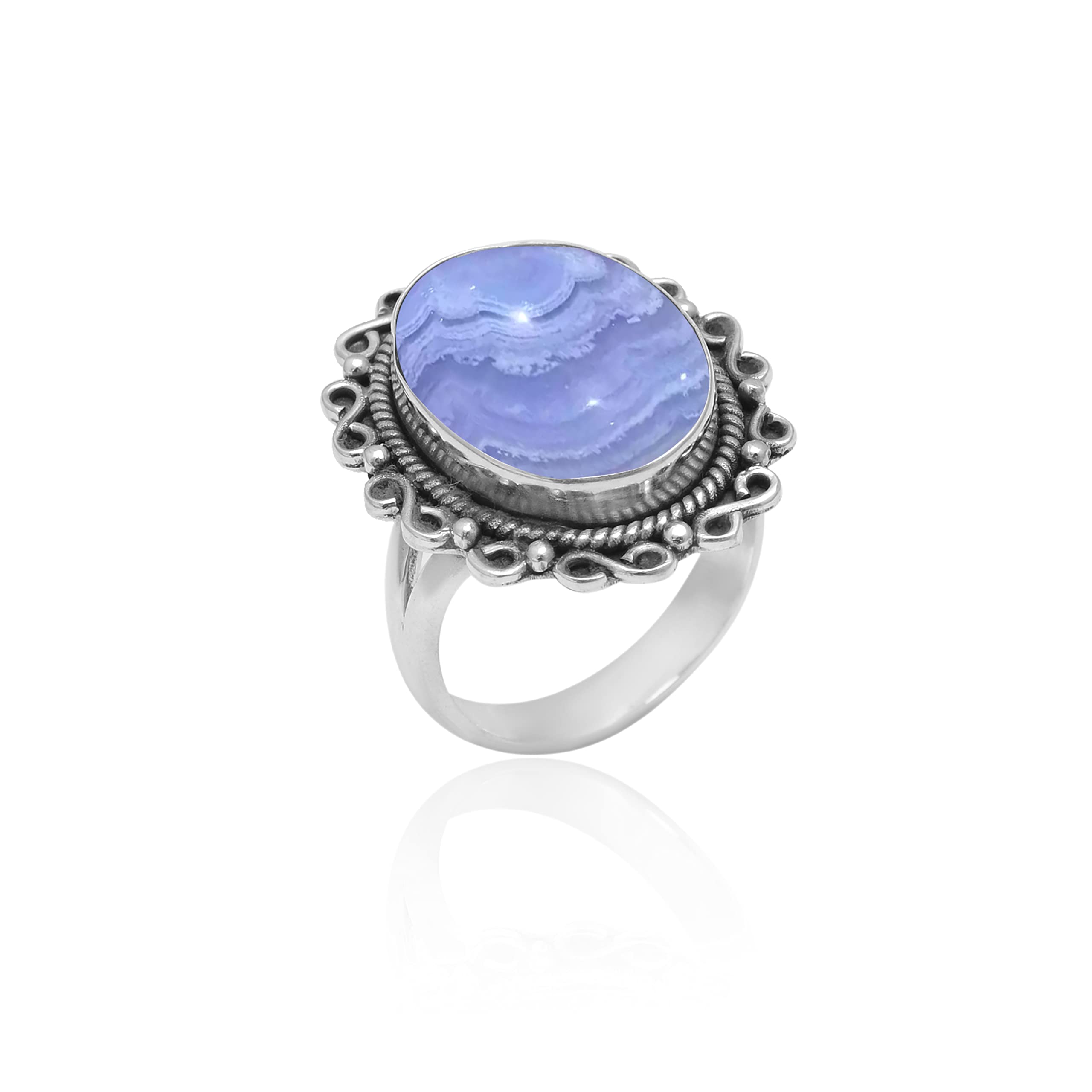 Veracity Jewelry Blue Lace Agate Ring for Women - 925 Sterling Silver Healing Meditation Ring with Natural Blue White Gemstone - Elegant Designer Jewelry Gift for Mom, Wife, Birthday & Special Occasions