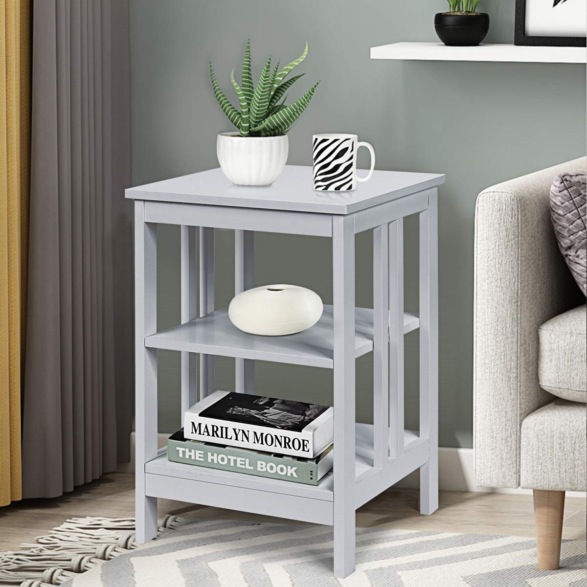 Giantex 3-Tier Nightstand Set of 2 - Modern Bedside Table with Storage Shelves & Reinforced Metal Frame - Sturdy Wooden End Table for Bedroom, Living Room - Easy Assembly, Gray - Perfect for Small Spaces & Apartment Living