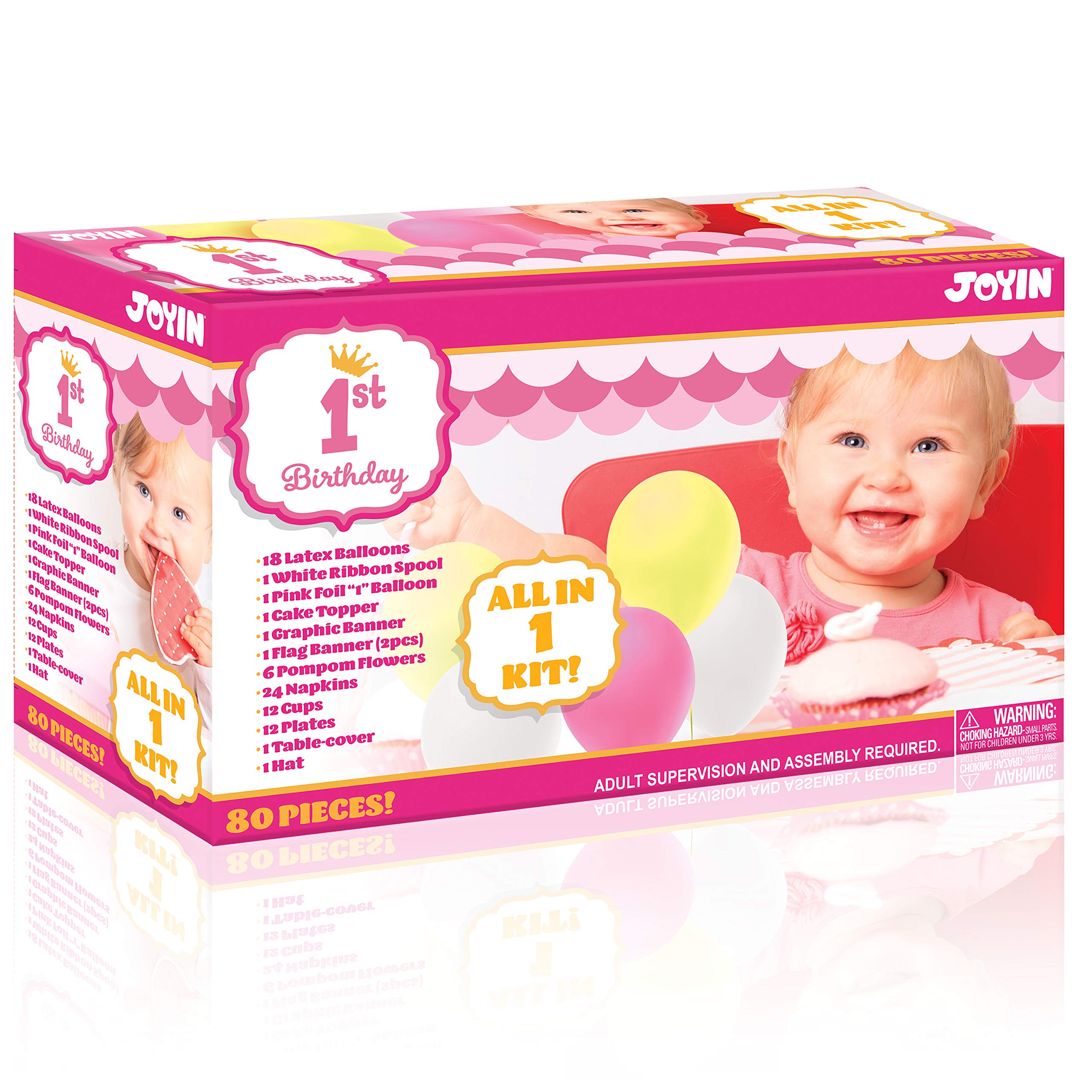 JOYIN 1st Birthday Party Decorations Kit for Girls - Includes Happy Banner, Cake Topper, Foil Balloons, Confetti, Tableware & More - Perfect for Baby's First Birthday Celebration & Photo Shoots