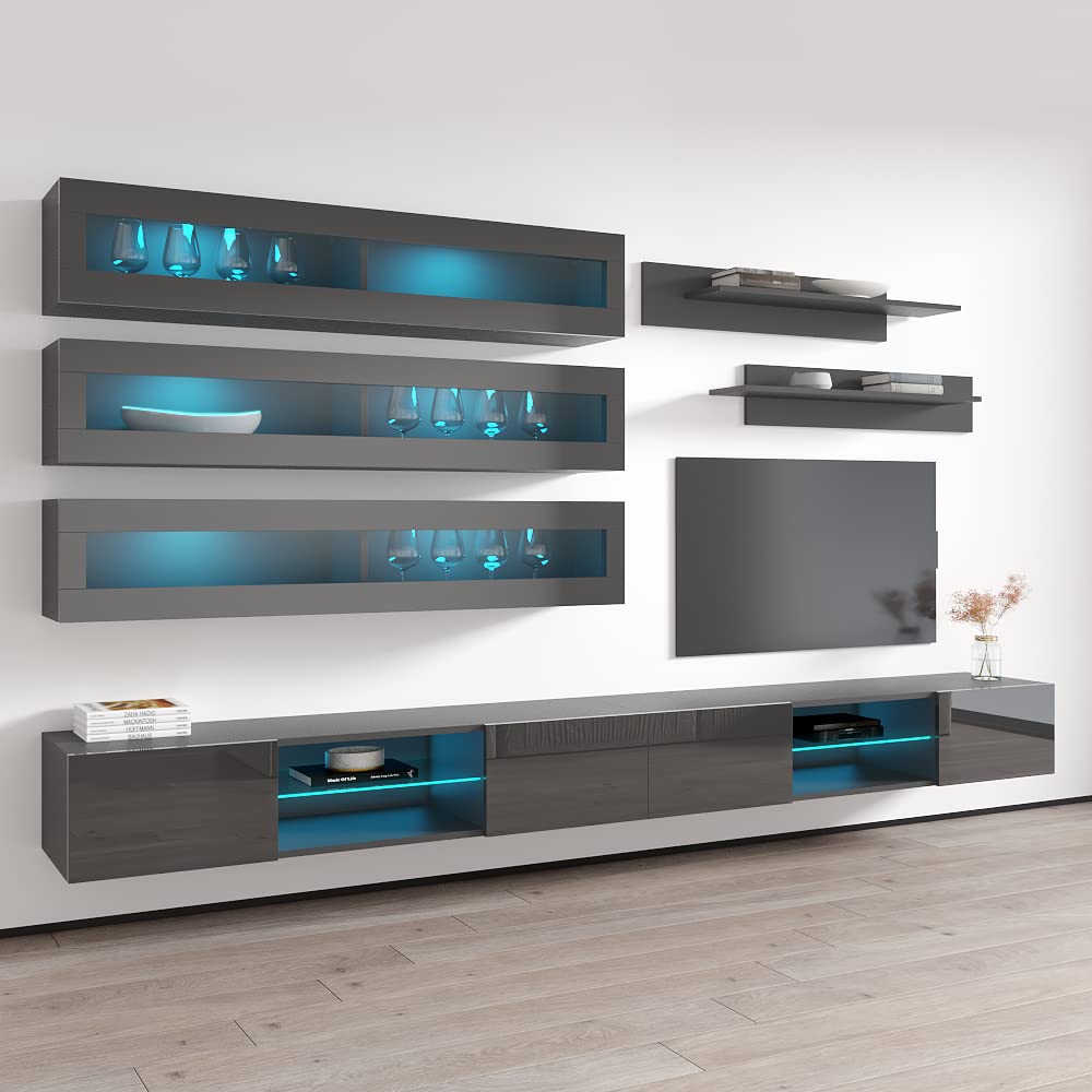 Modern Gray Floating TV Stand with Storage & LED Lights - Wall-Mounted Entertainment Center for Bedroom & Living Room - Space-Saving TV Console with Shelves - Perfect for Small Apartments & Home Theater Setup