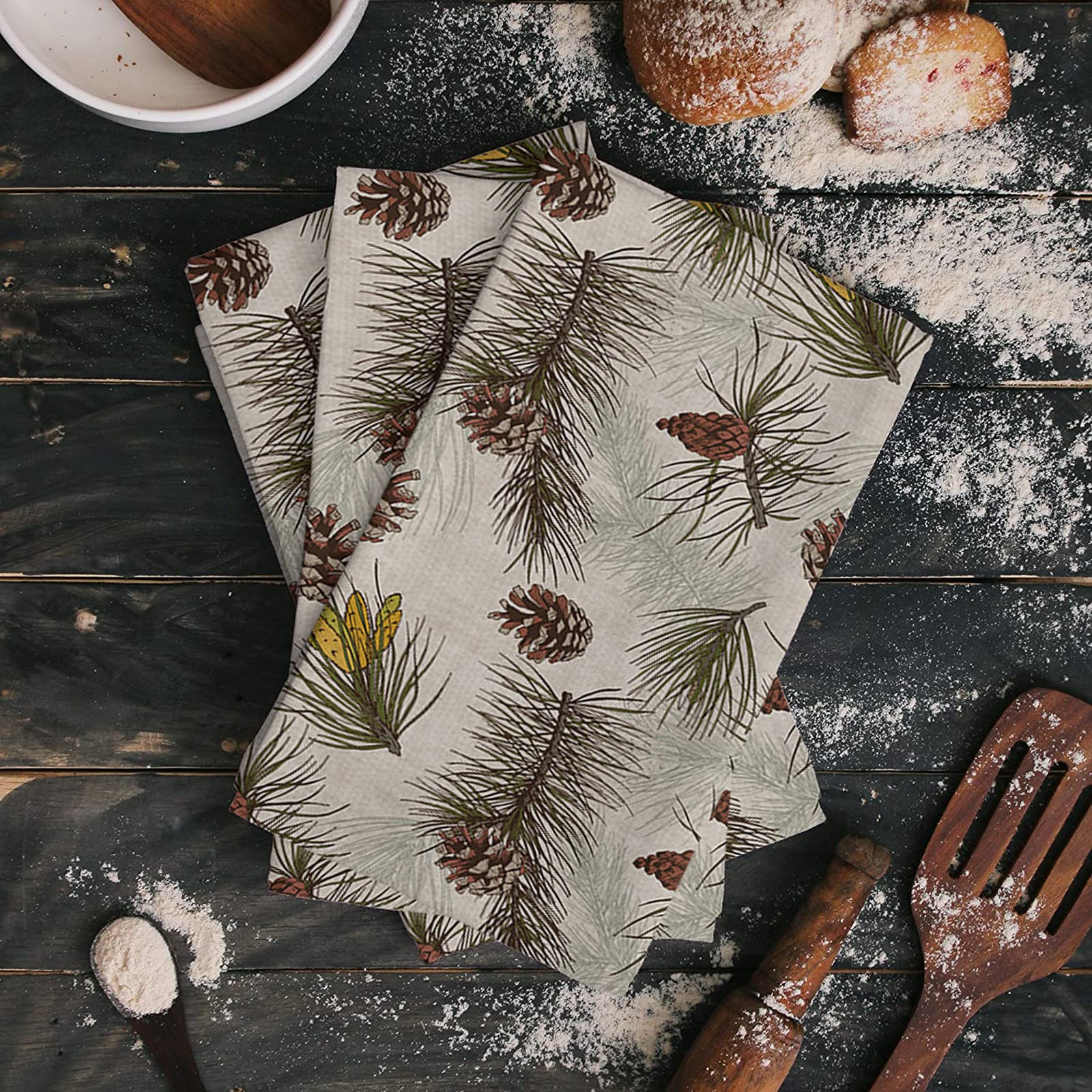 Christmas Pine Cone & Tree Branch Cotton Dish Towels Set - 18x28 Inch Soft Absorbent Kitchen Tea Towels (4-Pack) - Perfect for Holiday Decor, Hand Drying & Festive Backdrop