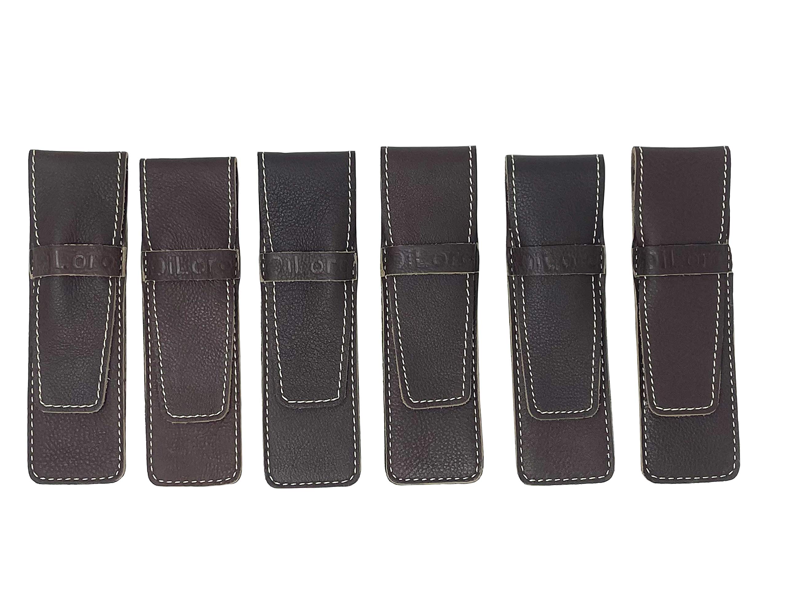 Genuine Leather Pen Case Holder - 6 Pack, Brown Cowhide for Office & School