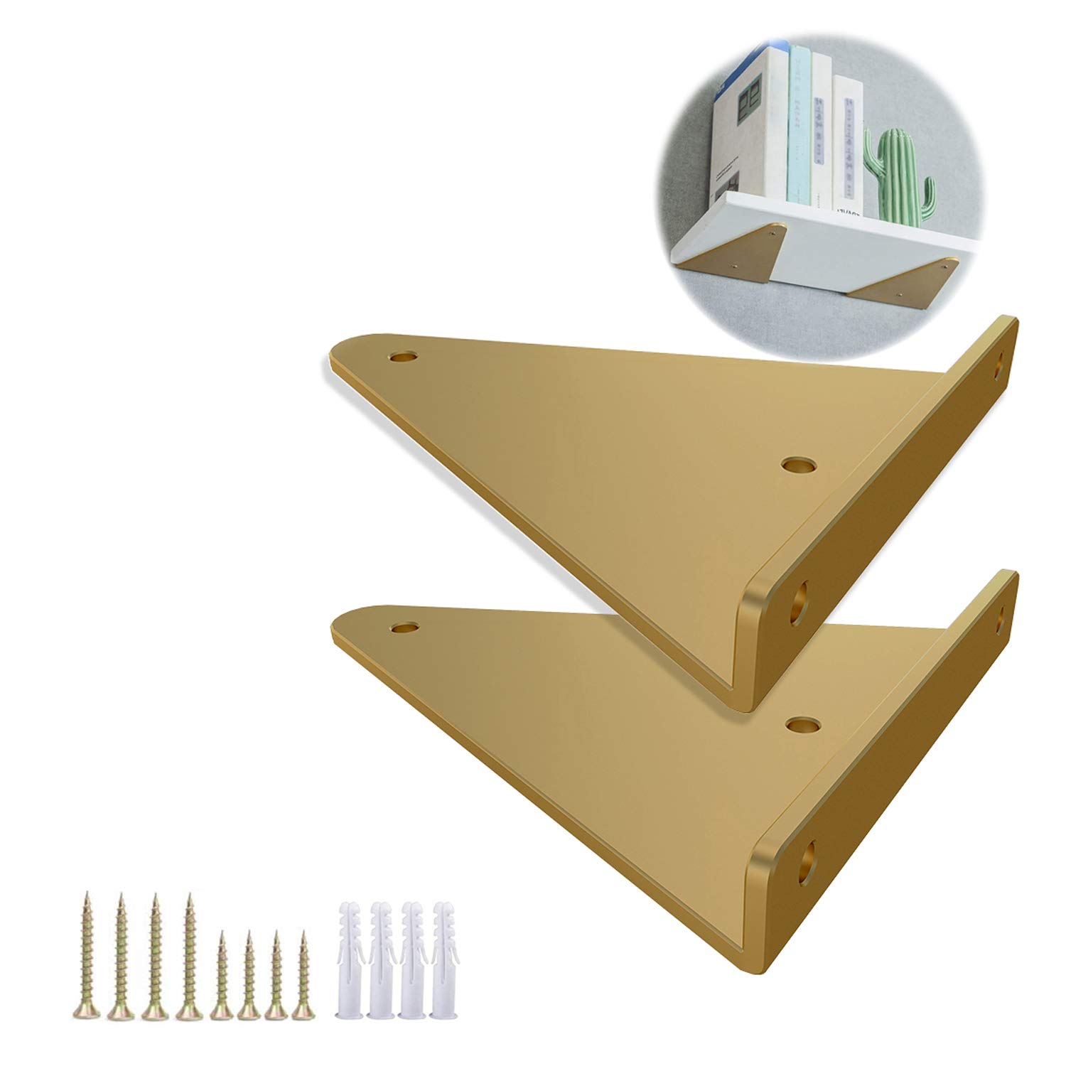 Modern Floating Shelf Brackets 2-Pack - Gold Metal Wall Mounted Corner Brackets for Hidden Shelves, Easy DIY Installation with Hardware Included (Black/White) - Perfect for Living Room, Bedroom & Office Storage
