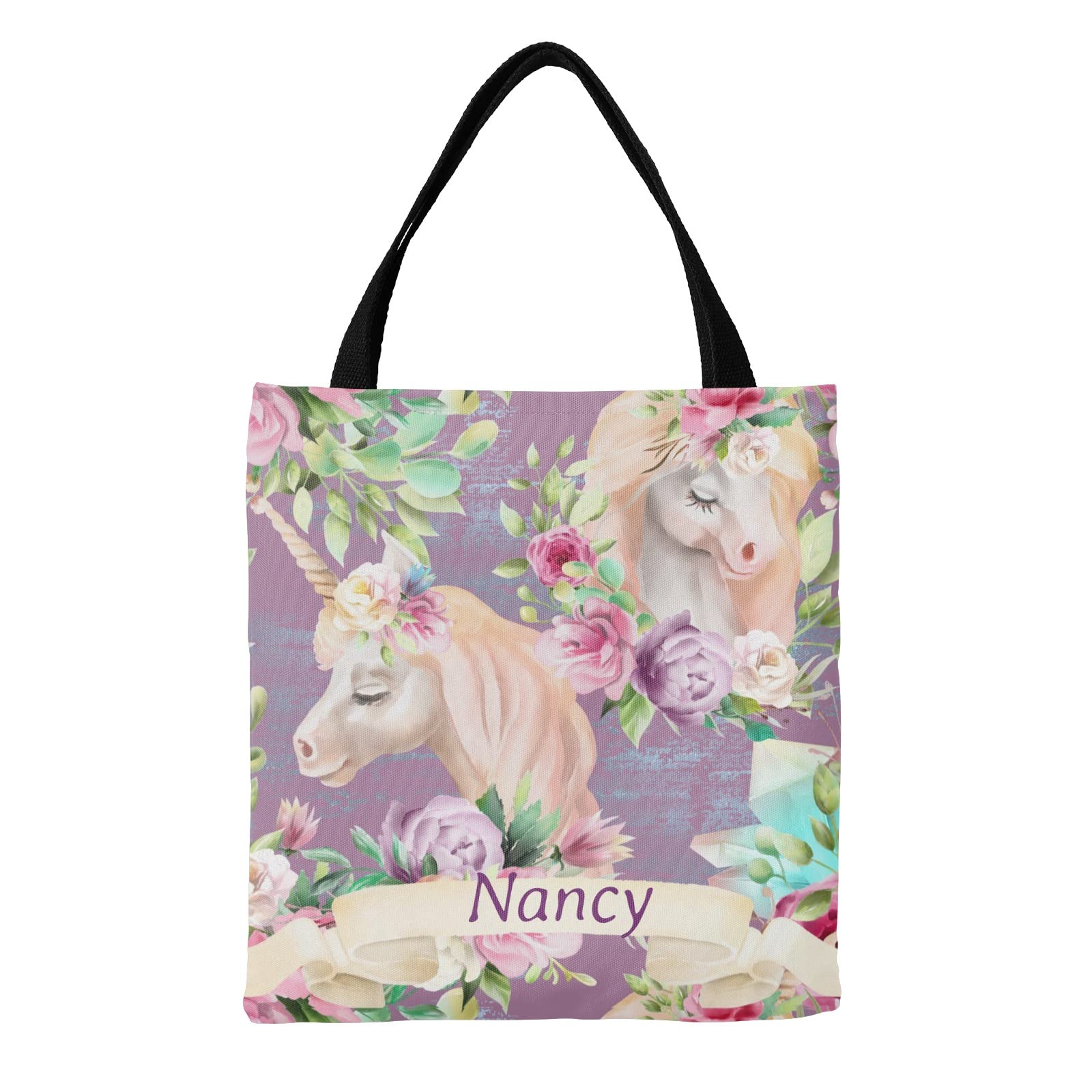 Custom Unicorn Floral Canvas Tote Bag - Reusable Grocery Shopping Bag for Women & Girls (Perfect Gift for School, Beach, Farmers Market & Daily Use)
