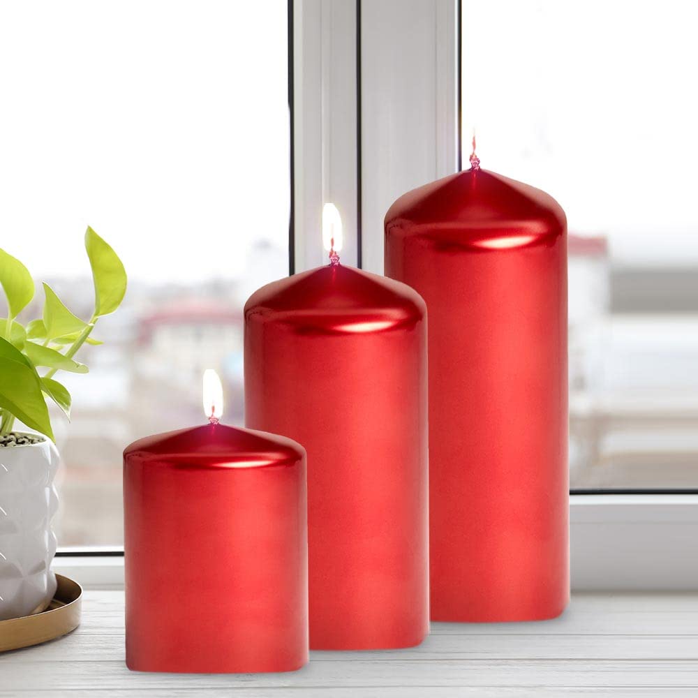 Bask Metallic Red Cone Top Pillar Candles - Set of 3 Dripless Unscented 3x6 Inch Holiday Candles for Home Decor, Wedding Centerpieces, Christmas Table Settings & Relaxation