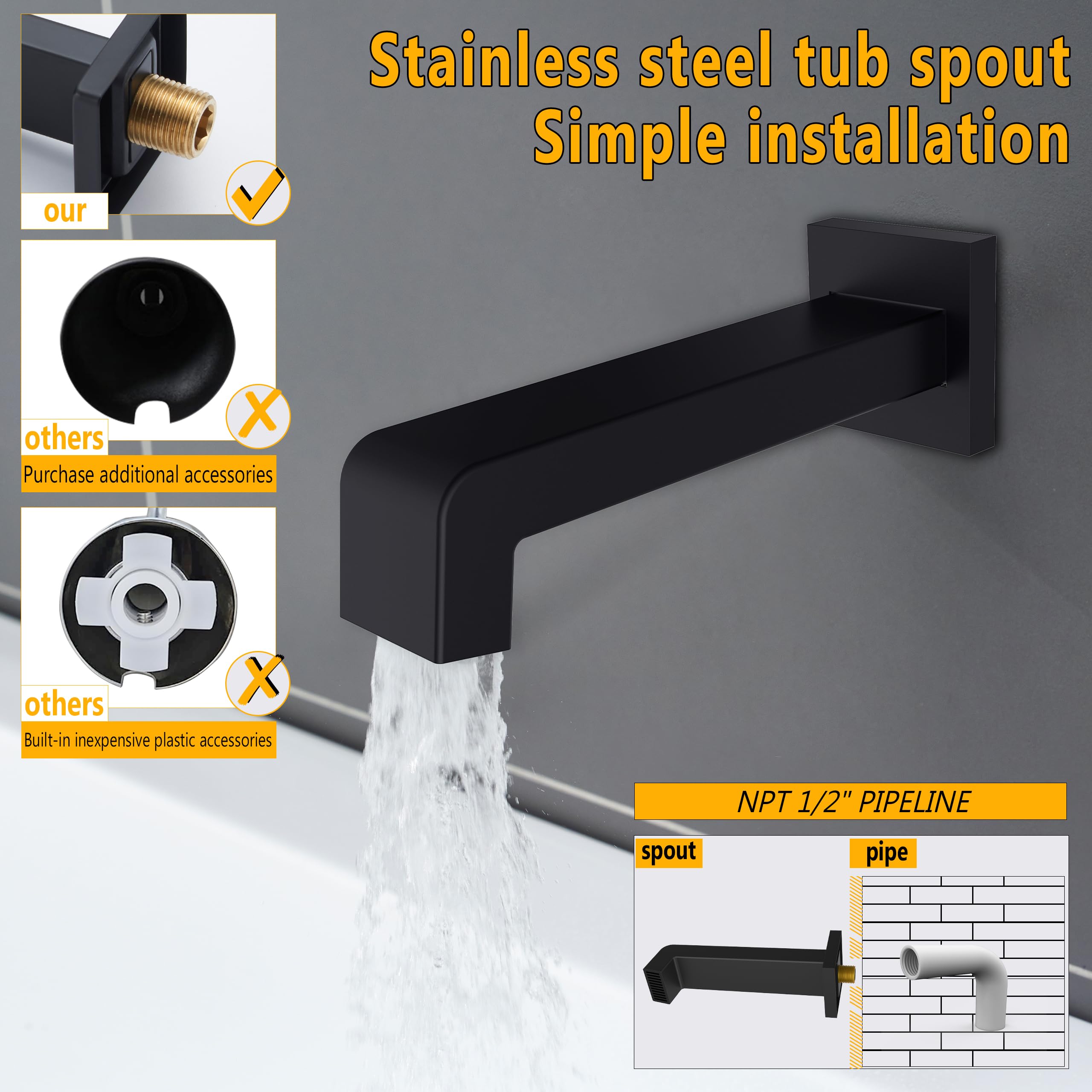 Premium Matte Black Shower Faucet Set - 12 Inch Rainfall Shower Head with Tub Spout & Handle (Includes Valve) | Modern Bathroom Upgrade for Spa-Like Experience