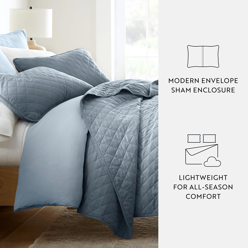 3 Piece Diamond Stitch Quilted Coverlet Set - Queen Size Bedspread with Matching Shams - Luxury Bedding for Master Bedroom & Guest Room Decor
