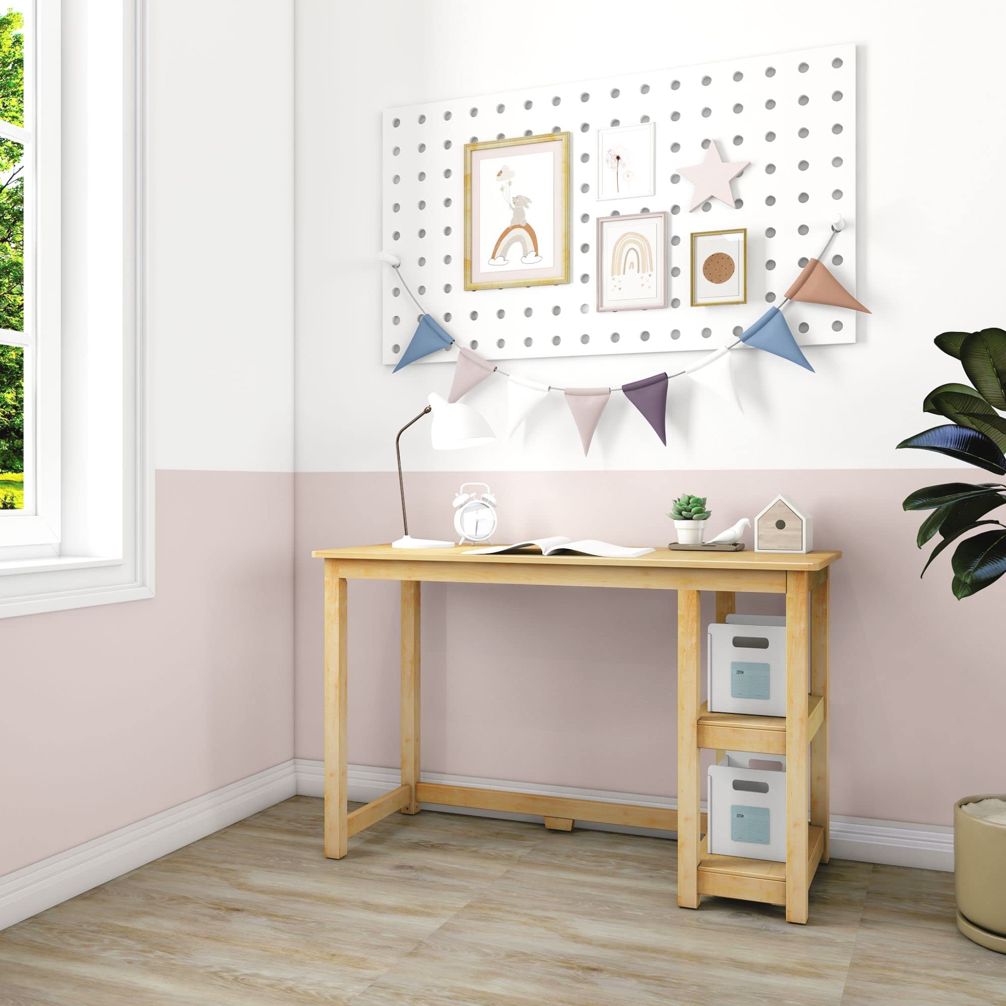 Max & Lily 47-Inch Solid Wood Desk with Shelves - Natural Wood Study Desk for Home Office, Kids Room, and Dorm - Perfect for Studying, Working, and Organizing