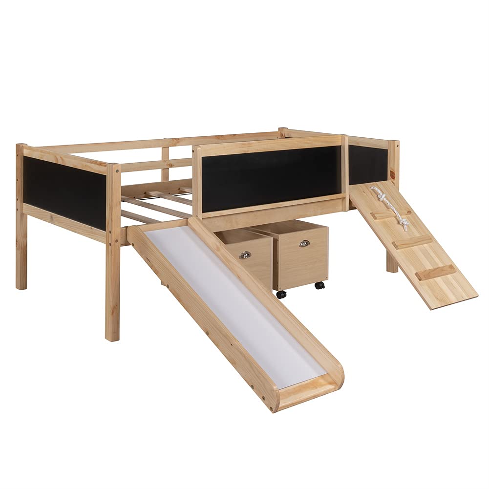 **Twin Size Wood Loft Bed for Kids with Storage & Slide - Low Loft Bed Frame, No Box Spring Needed (Natural) - Perfect for Small Bedrooms & Playrooms**