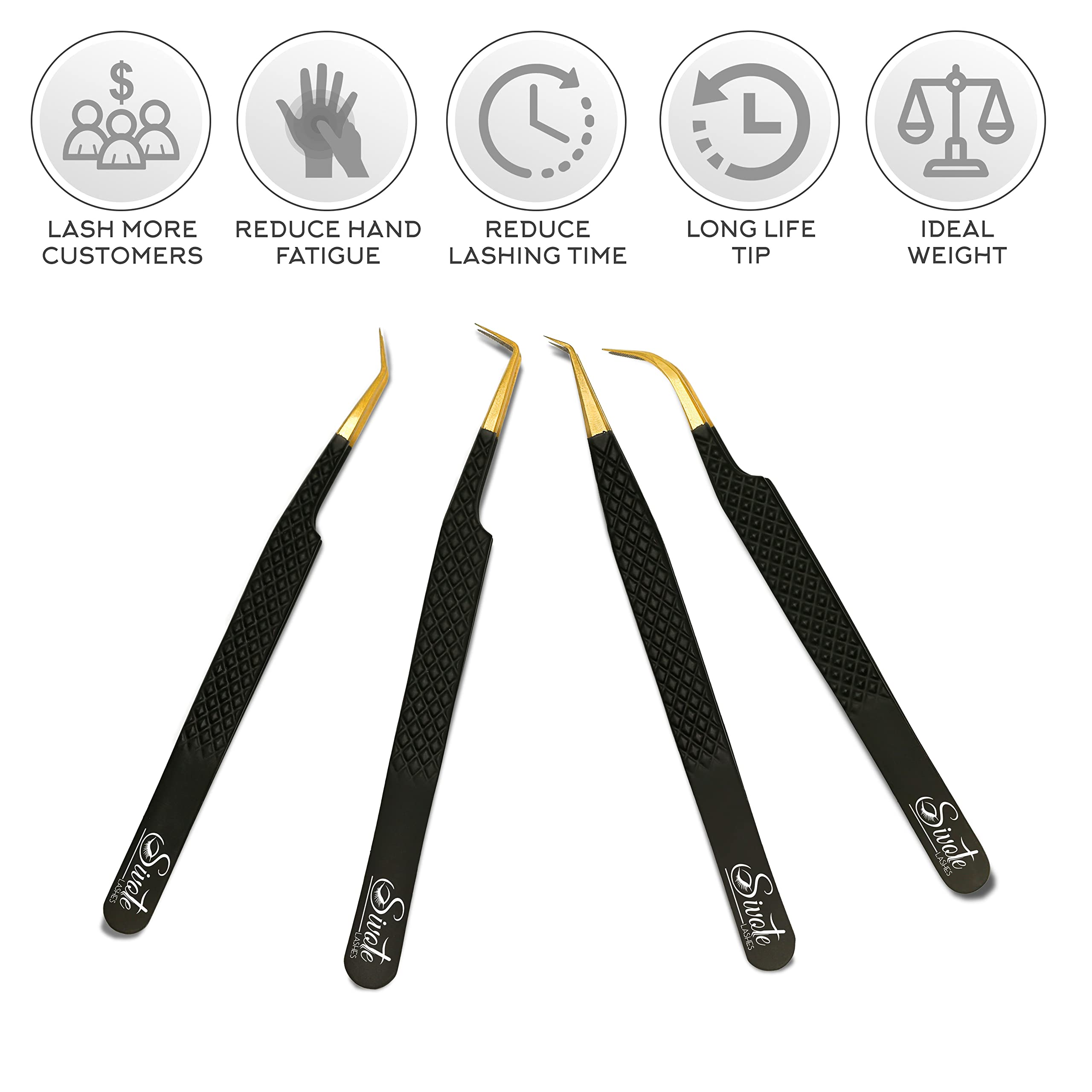SIVOTE Professional Eyelash Extension Tweezers Set - 4-Piece Black Fiber Tip Tweezers with Diamond Grip | Japanese Stainless Steel for Classic/Volume/Mega Volume Lashes | Anti-Rust Design | Perfect for Lash Technicians & Salon Professionals | Great for Home Use & Professional Lash Applications