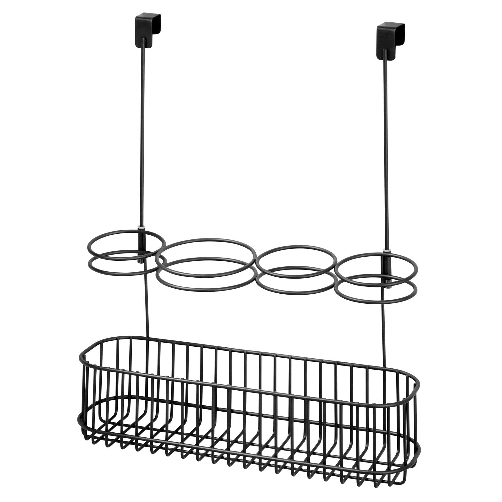 mDesign Metal Bathroom 4-Section Storage Organizer - Over Cabinet Door Hanging Basket for Hair Dryer, Straightener, Curling Iron & Styling Products - Concerto Collection in Black - Perfect for Small Bathroom Organization & Styling Tool Storage