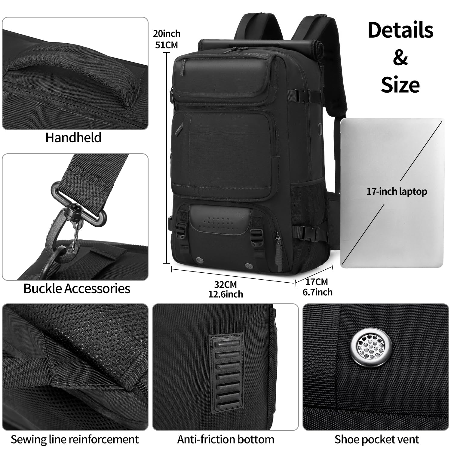 Airline Approved Carry On Travel Backpack for Men - Convertible Nylon Duffle Bag with Laptop Compartment (Black) | Perfect for Business Trips, Weekend Getaways & Air Travel