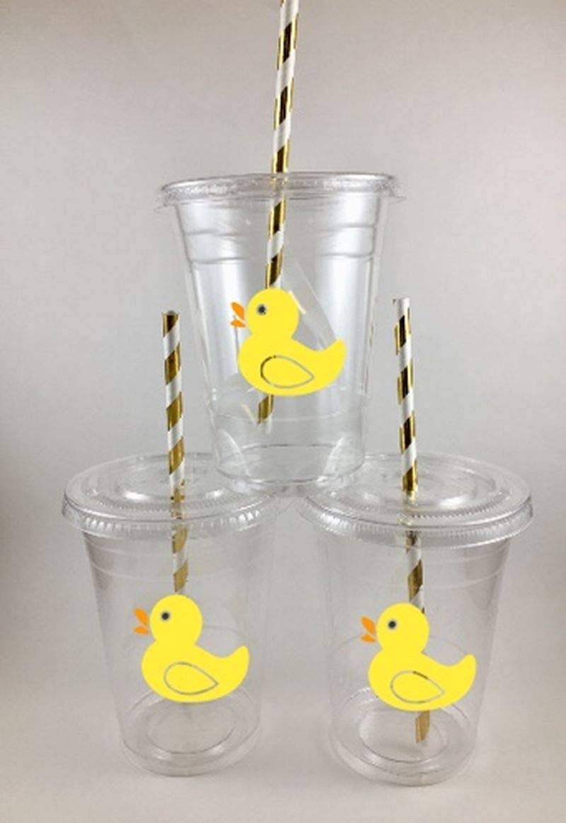 12-Pack Rubber Duck Party Cups with Lids & Straws - Disposable Plastic Drinkware for Kids Birthday, Pool Party, Baby Shower & Summer Celebrations