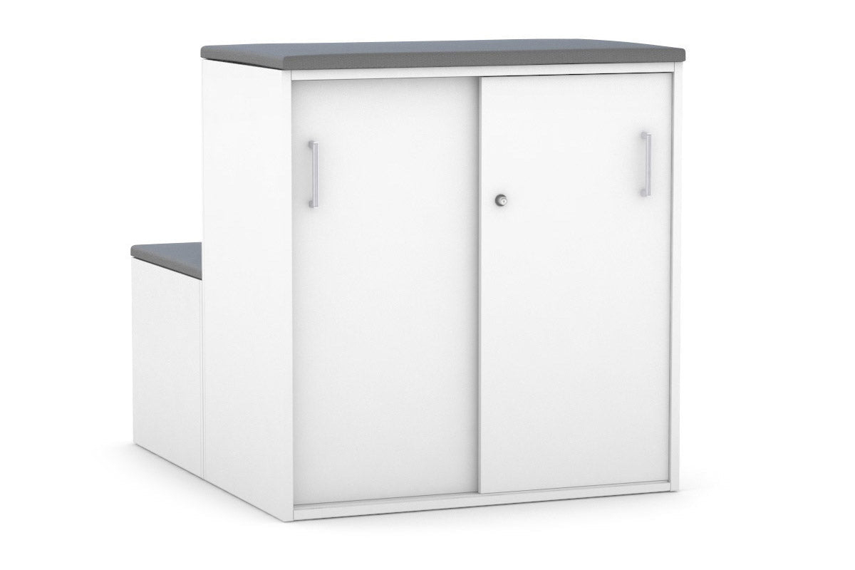 Med Sliding 2-Door Credenza with Seat Cushion - White Handle Uniform Activity Module Cabinet for Medical Offices & Home Storage