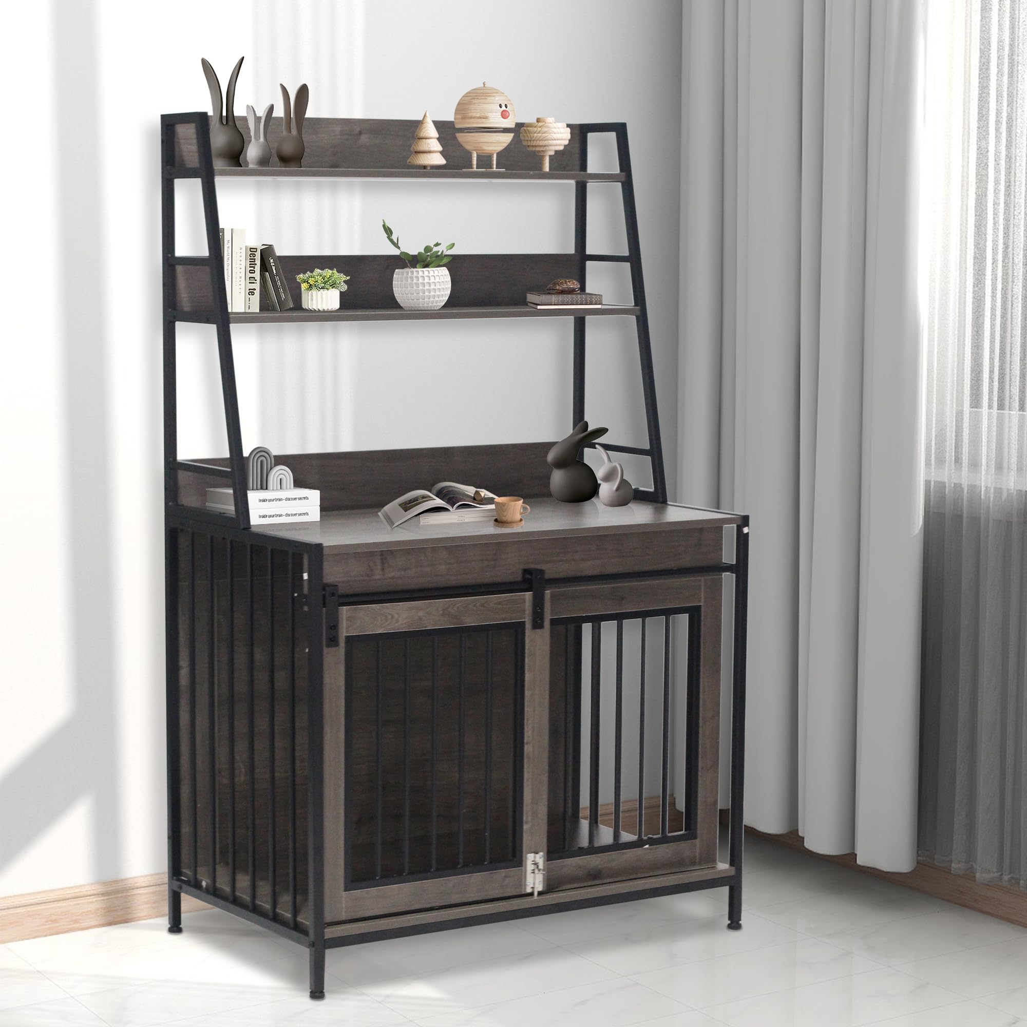 37 Inch Wooden Dog Crate Indoor Furniture with Storage Shelves & Double Sliding Doors - Heavy Duty Pet Kennel for Large Medium Small Dogs - Grey - Perfect for Living Room, Bedroom or Home Office Dog Cage