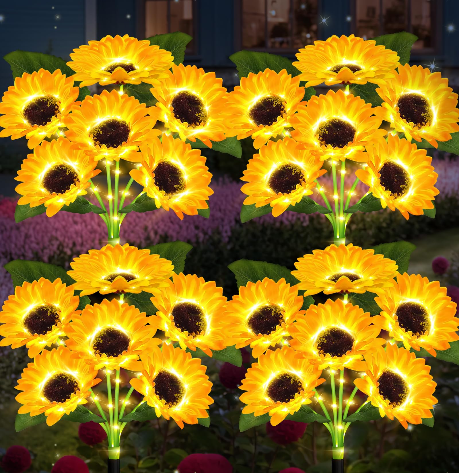 Solar Sunflower Lights Outdoor - 24 LED Sunflower Garden Stake Lights (4 Pack) - Waterproof Solar Powered Decorative Lights for Yard, Lawn, Pathway & Patio Decor