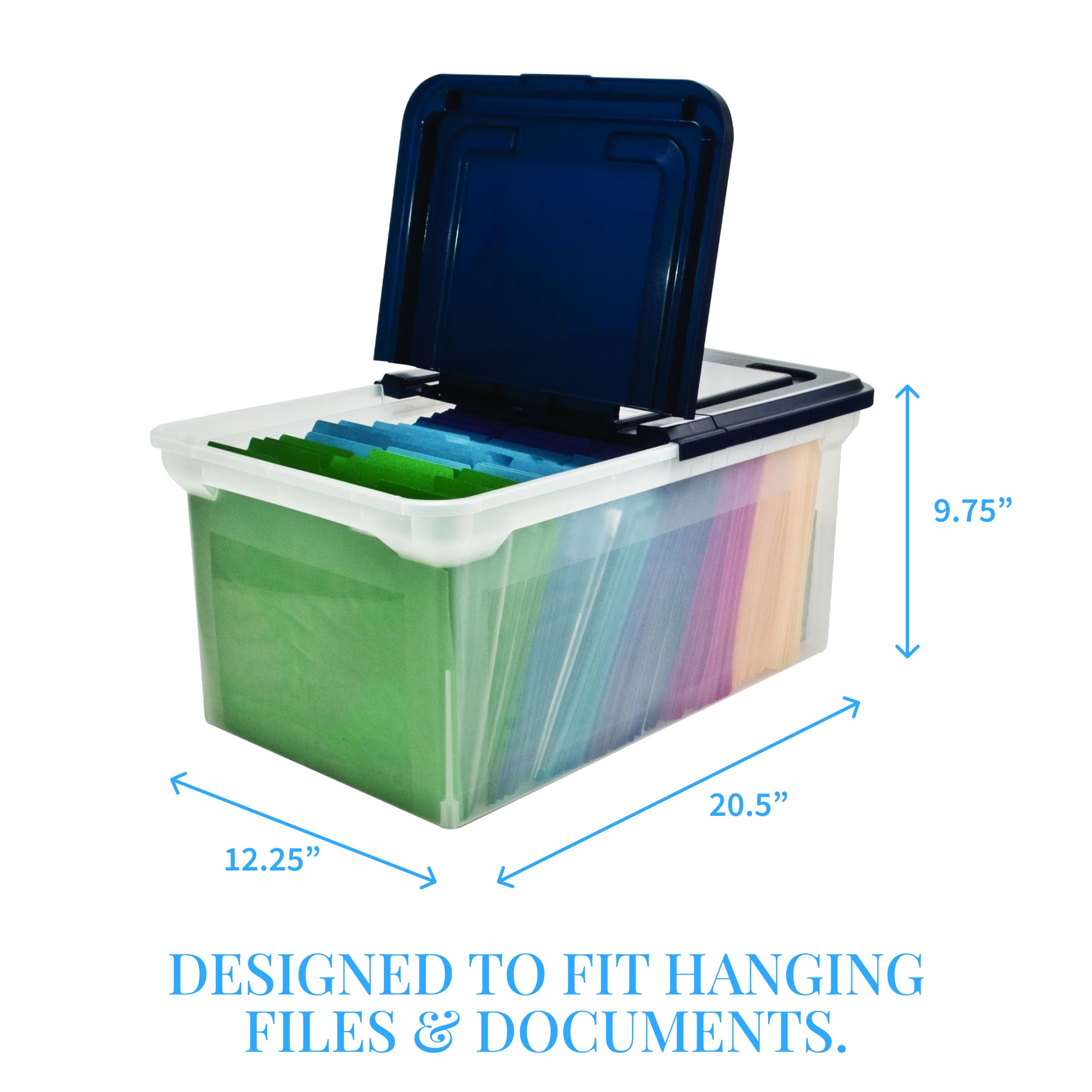 Advantus Plastic File Storage Box with Hinged Lid - Clear/Navy Document Organizer for Hanging Files | Office Organization, File Folders Storage & Home Office Supplies | Perfect for Desk, Closet & School Organization