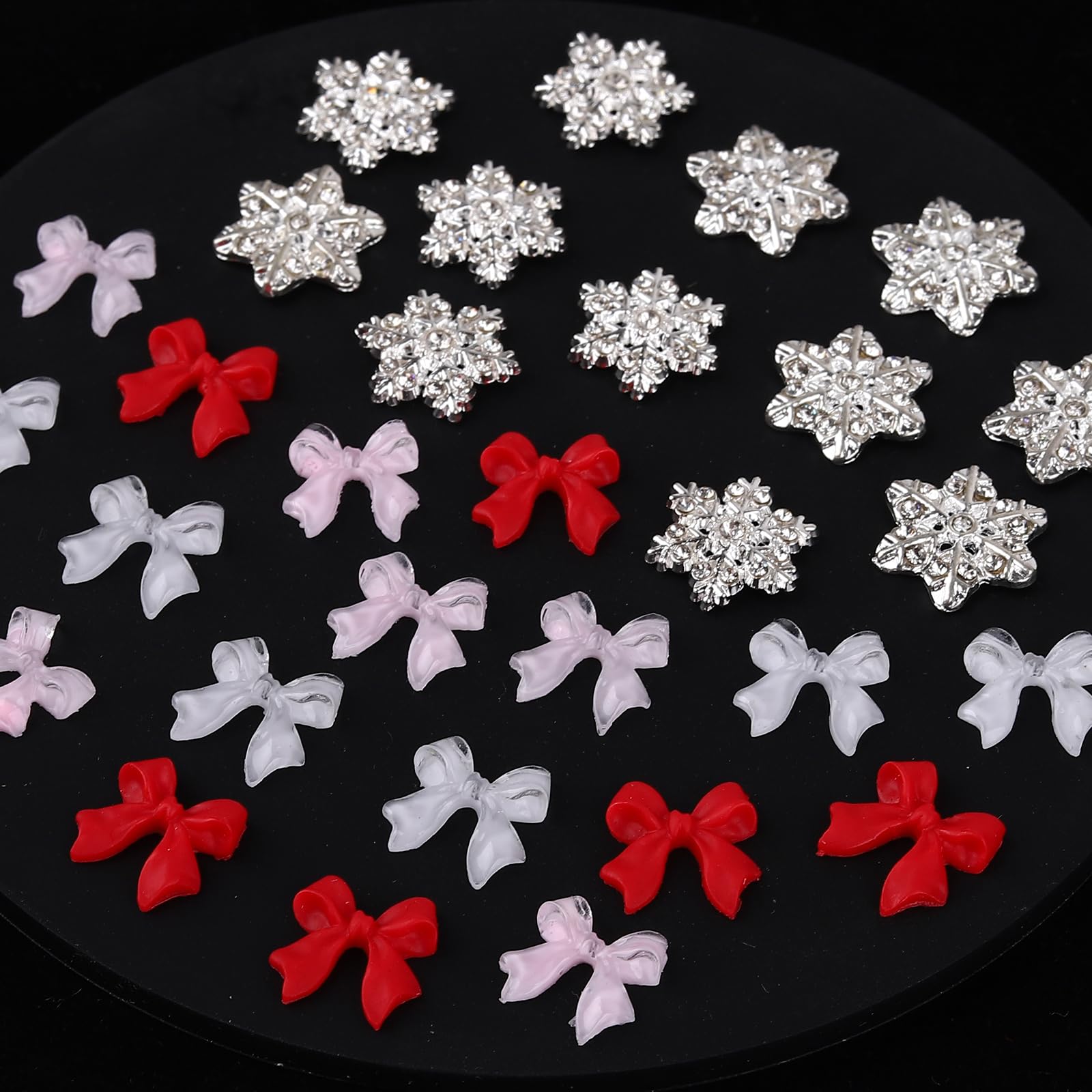 Silver Alloy Snowflake & Bow Nail Charms - 48Pcs Cute White Red Pink Rhinestone Nail Art Gems for Christmas & Winter Nail Decoration | Perfect for Women & Girls DIY Manicure, Party, Holiday Nail Designs