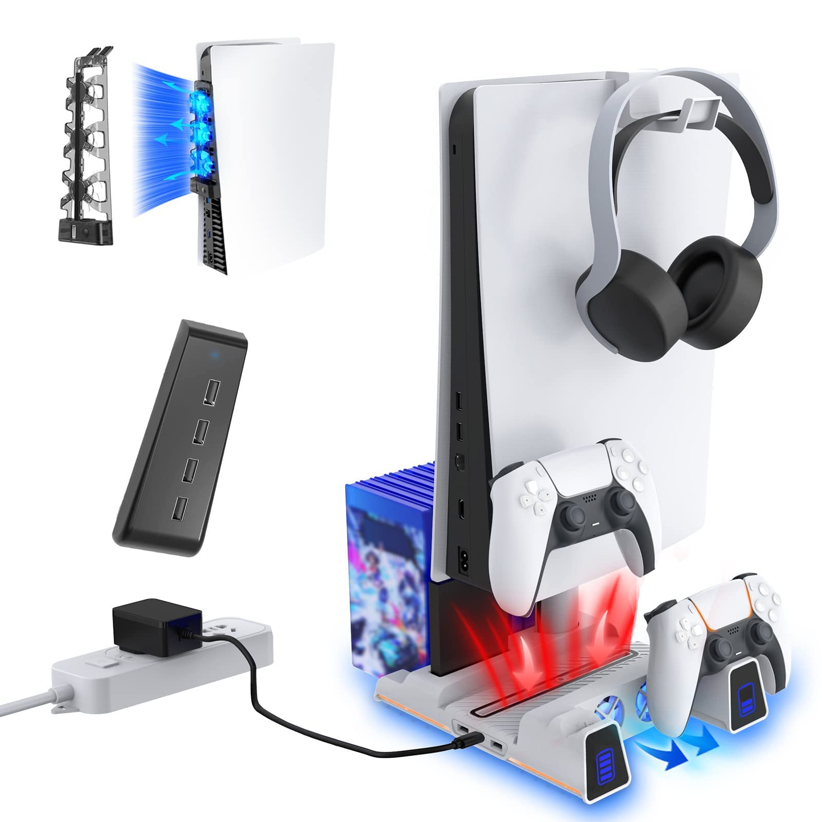 NexiGo PS5 Accessories Holiday Bundle - Playstation 5 Stand with RGB LED Lights, Hard Drive Slot, Headset & Remote Holders, Cooling Fan & 4-Port USB Hub - Perfect for Gaming Setup & Entertainment Center