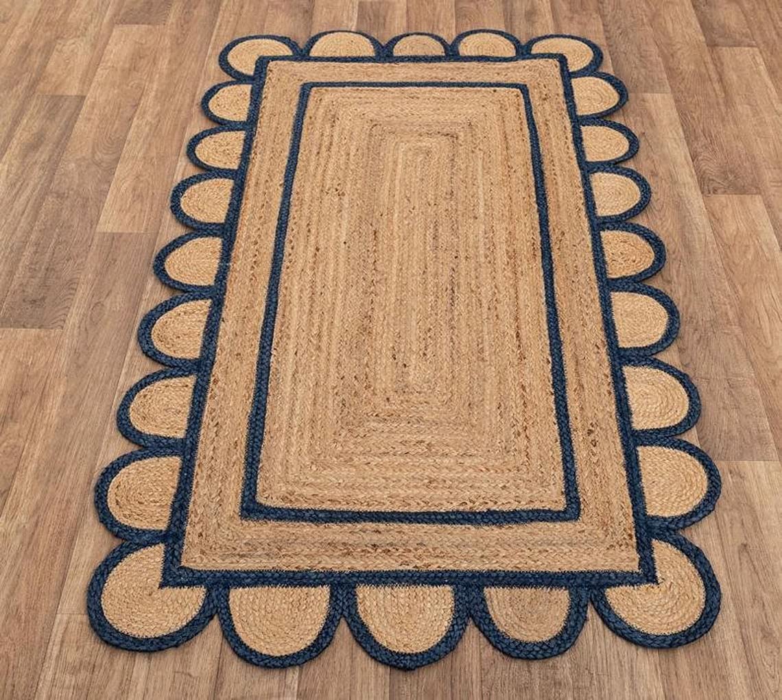 Handwoven Jute Area Rug with Scalloped Edge - 6x6 Square Feet Natural Beige Farmhouse Rug with Blue Border for Bedroom, Living Room, Kitchen - Perfect for Boho, Coastal, and Rustic Home Decor