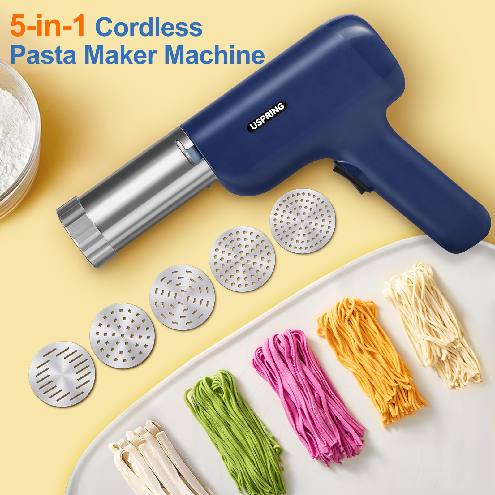 Uspring 5-in-1 Cordless Electric Pasta Maker Machine - Handheld Automatic Noodle Press with Dough Cutter for Homemade Spaghetti, Fettuccine & More - Perfect for Kitchen, Camping & Small Space Cooking (Blue)