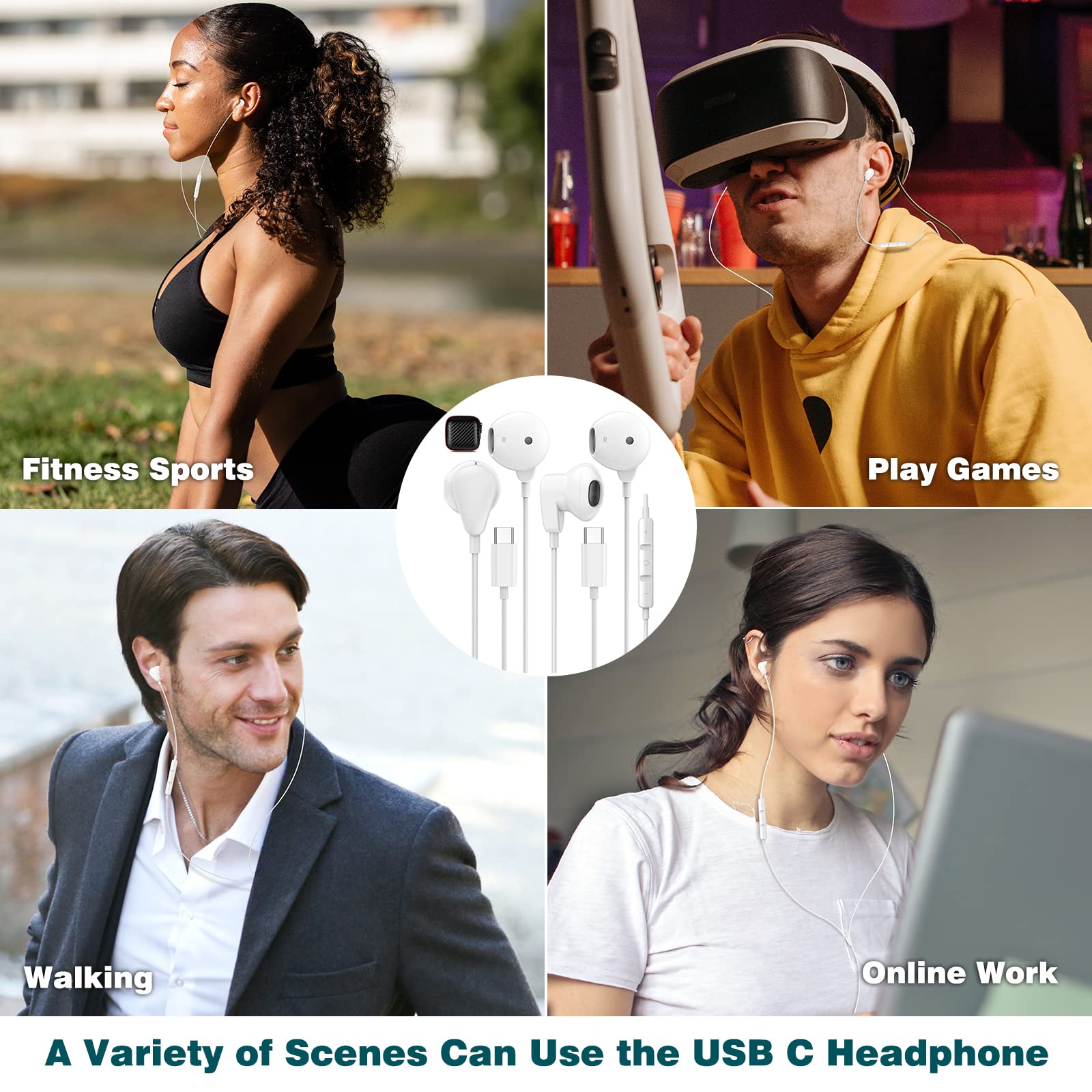 Premium HiFi Stereo USB-C Wired Earbuds with Microphone & Volume Control - Compatible with iPhone 16/16E/15 Pro Max, Samsung Galaxy S25 Ultra/S24 FE/A26, iPad 10/11 & Google Pixel 9 - Perfect for Gaming, Work Calls & Music Listening